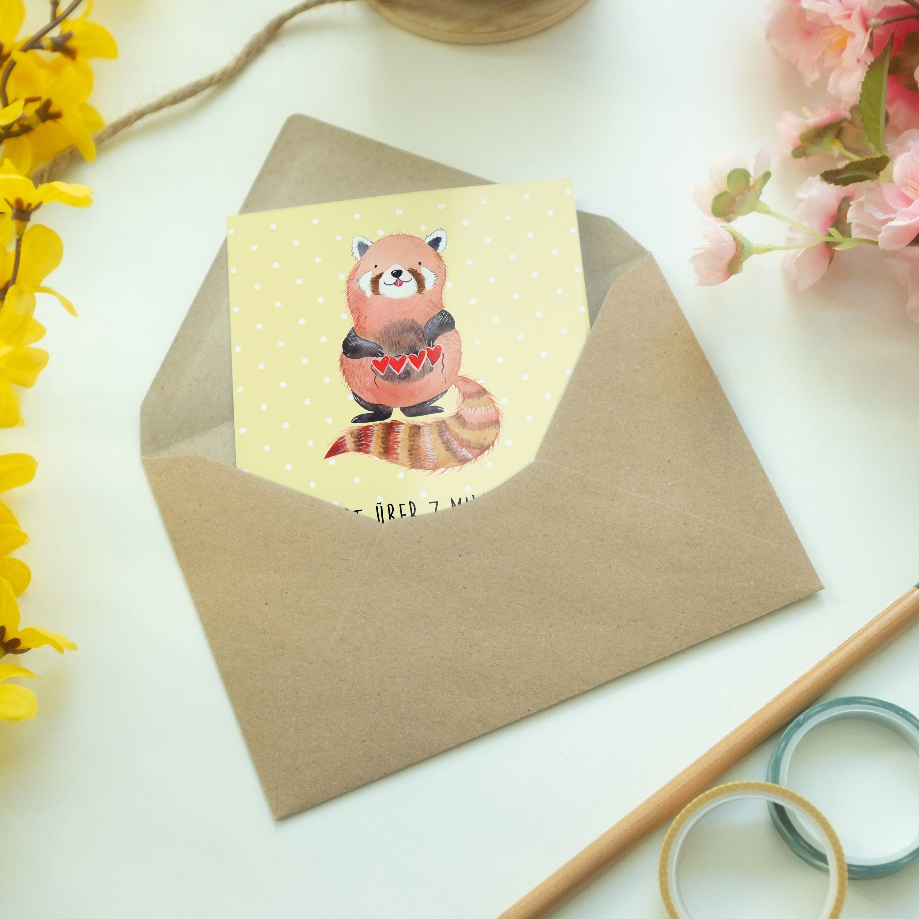 Grußkarte Pastell Panda Mr. Mrs. Hochzeitskarte, - Panda Roter & Gelb - Geschenk, Glückwunschkar