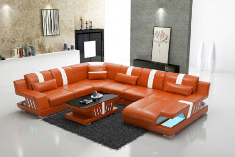 JVmoebel Ecksofa Sofa UForm Ledersofa Couch Wohnlandschaft Design Modern Sofas Orange/Weiß