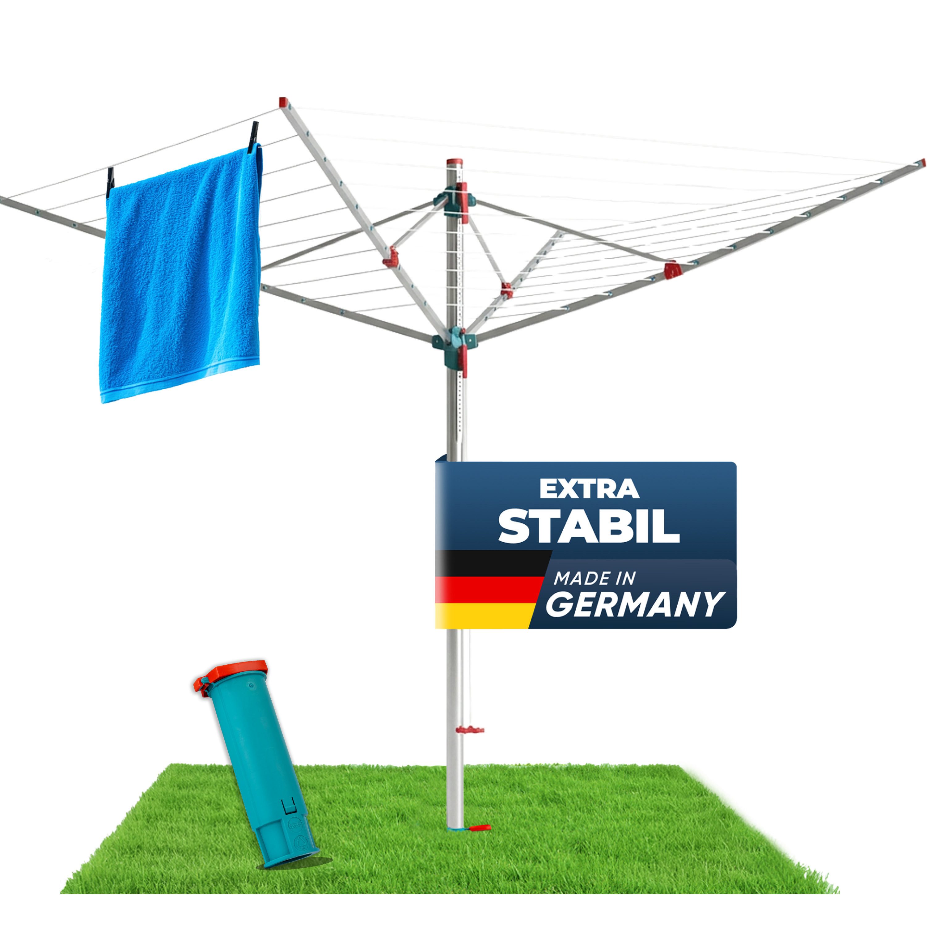 STAHLMANN COMMERCE GmbH Wäschespinne für draußen, 60 m, höhenverstellbar & drehbar mit Bodenhülse, inkl. Bodenhülse mit Deckel