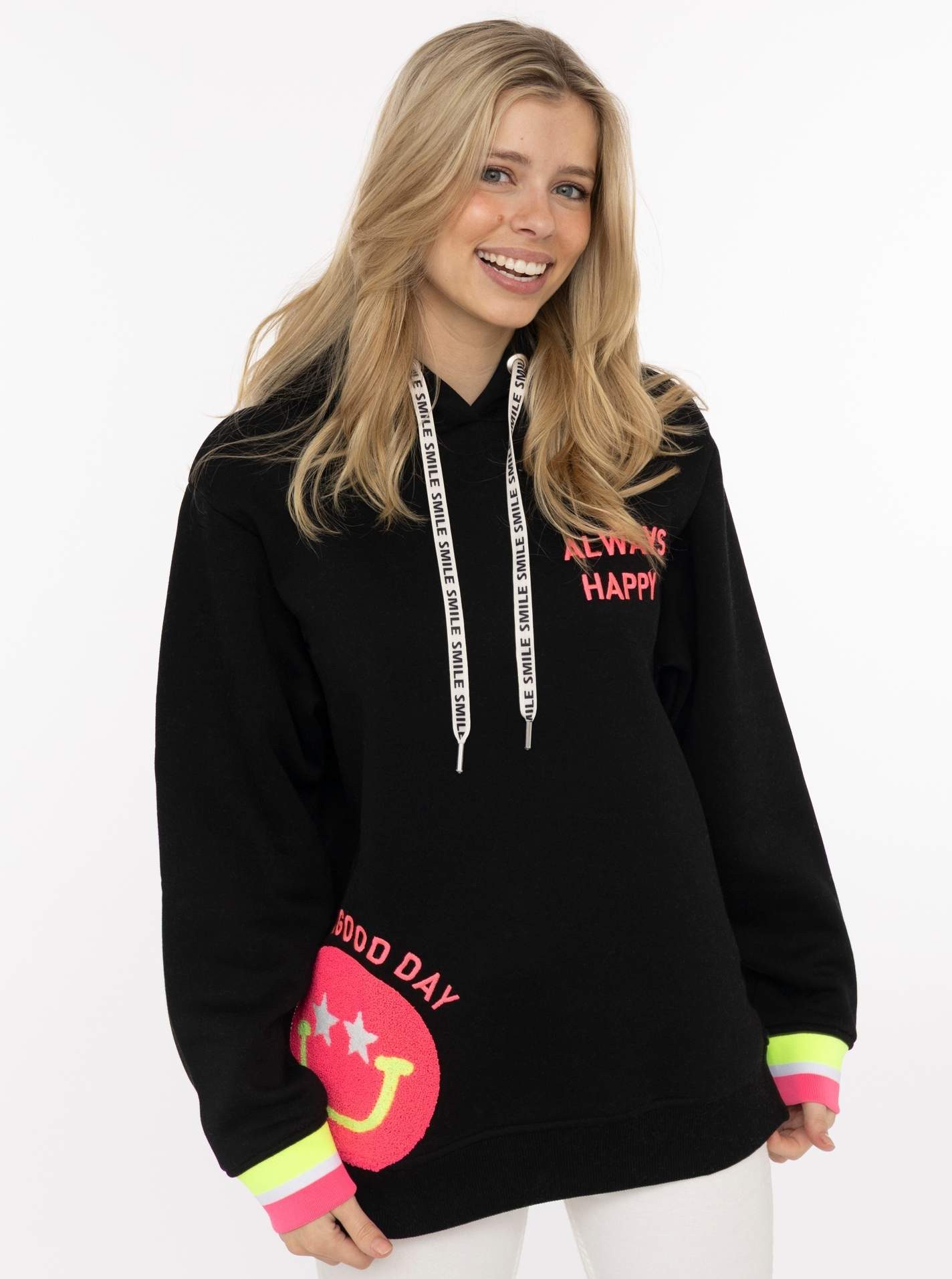 Zwillingsherz Hoodie "Always Happy" Smiley aus Frottee, Neon-Details, Kapuze, Langarm