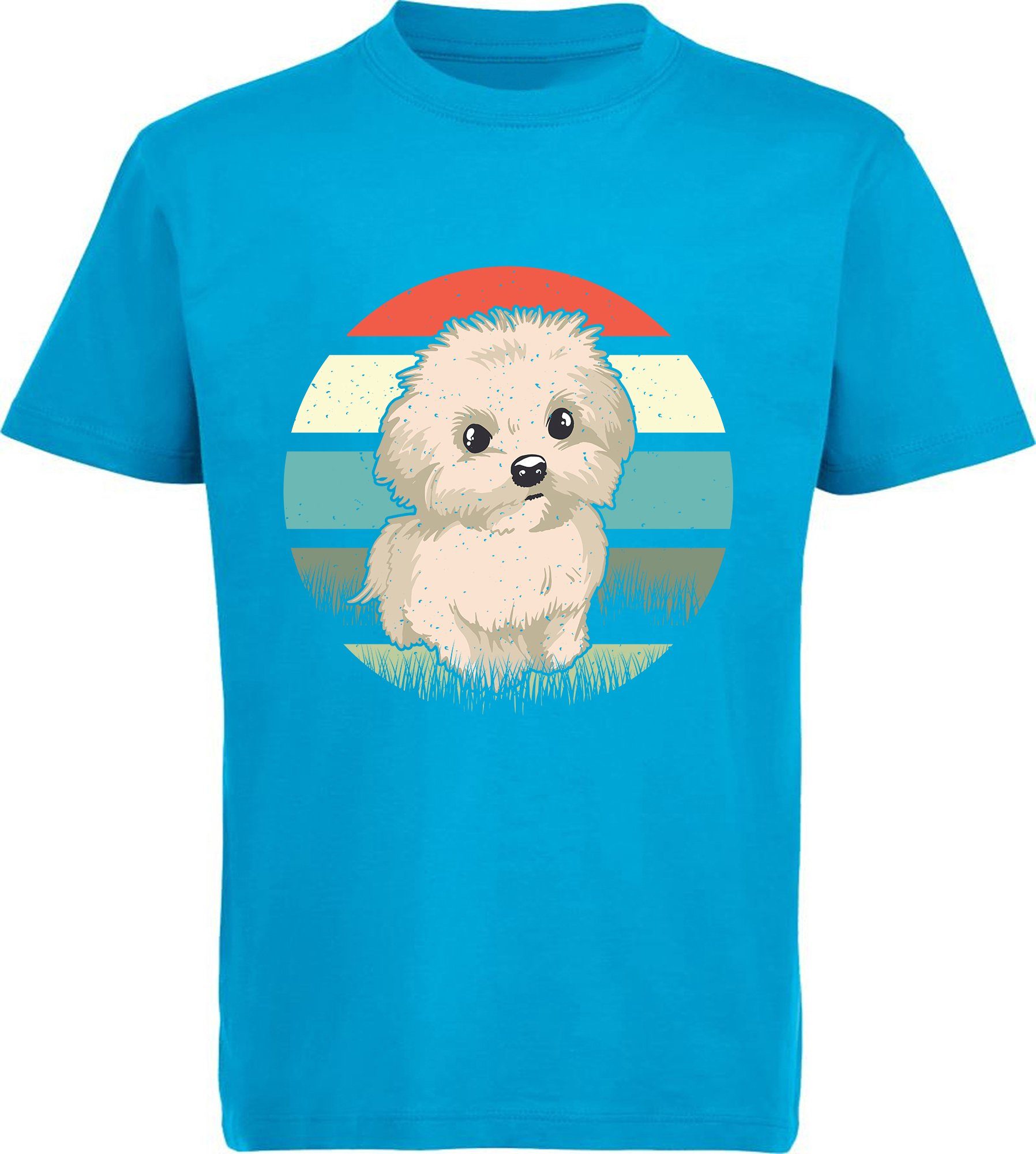 MyDesign24 Print-Shirt Kinder Hunde - i242 Retro T-Shirt Baumwollshirt bedruckt mit Aufdruck, blau aqua Welpen Malteser