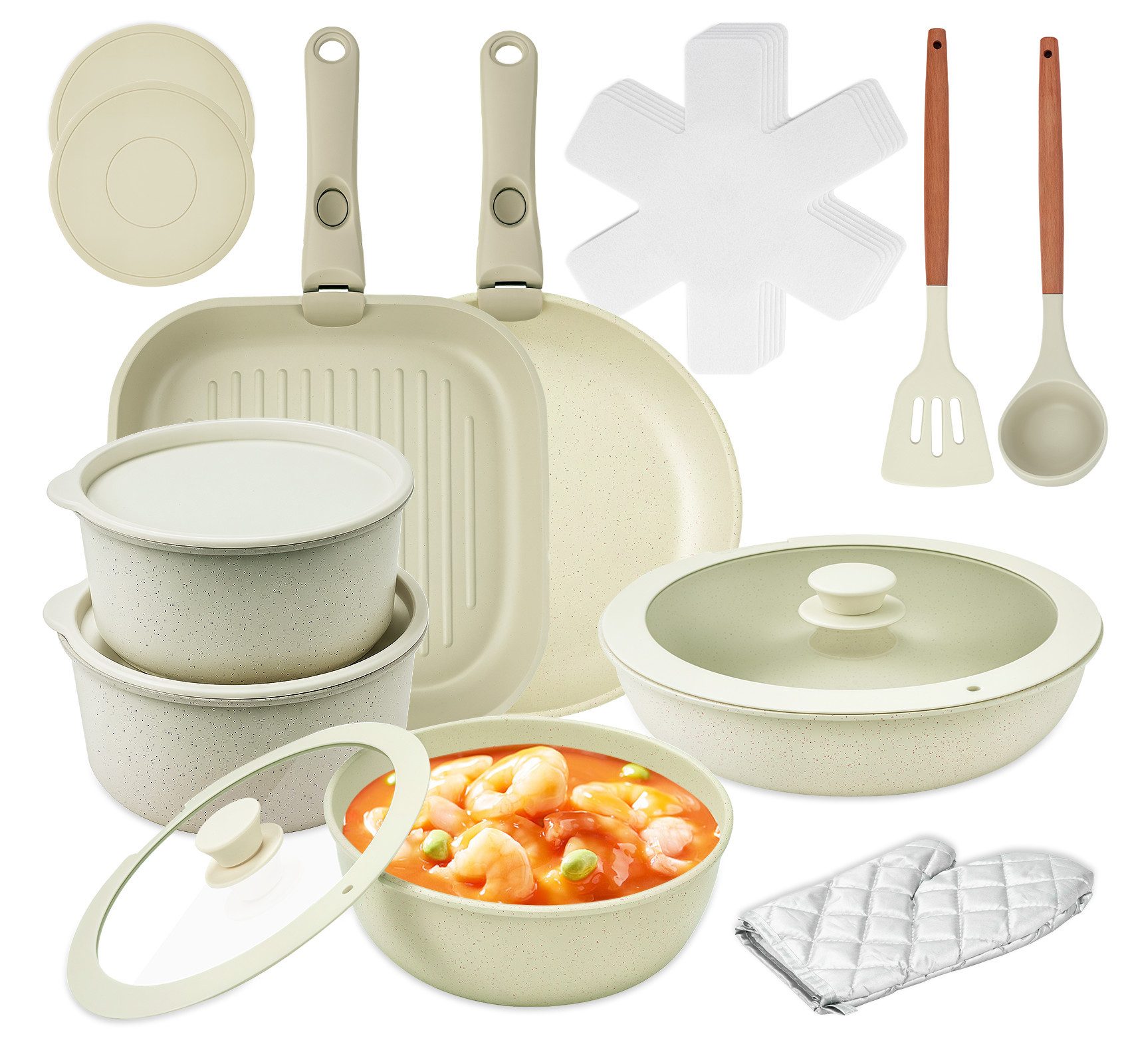 ElitVita Topf-Set Kochtopf set, mit Abnehmbarer Griff, Antihaft, Aluminiumguss, Aluminiumguss (Set, 23-tlg., 23-tlg.Ø20/26cm Pfanne, Ø26cm quadratische Backpfanne), mit Großer Löffel Spatel, für Alle Herdarten Backofenfest