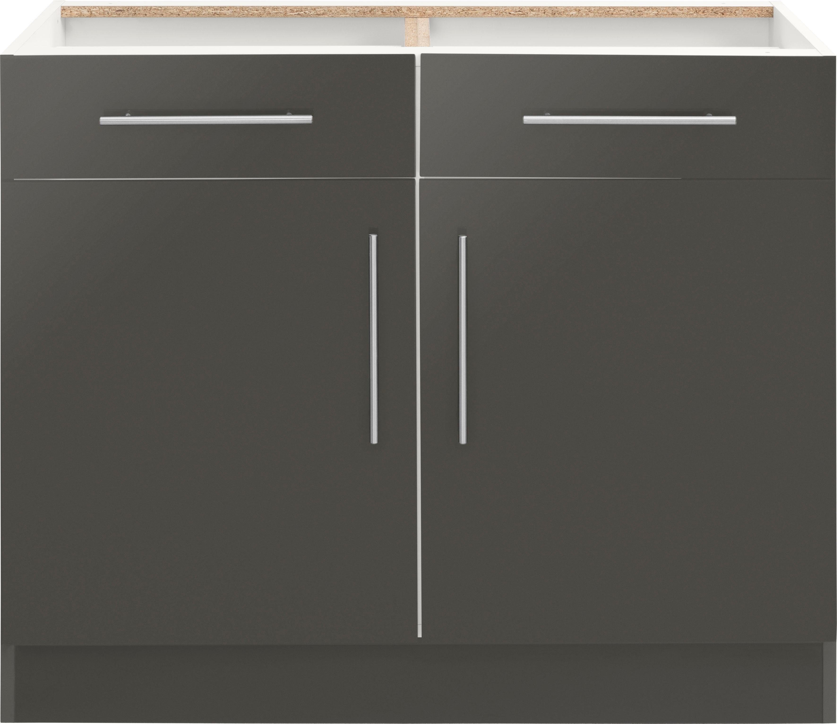 wiho Küchen Unterschrank Cali 100 cm breit, ohne Arbeitsplatte Front: Anthrazit Glanz, Korpus: Anthrazit matt | Anthrazit