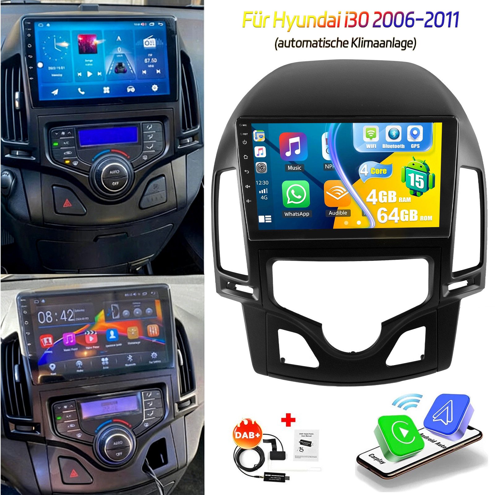 ESSGOO 9'' DAB+ Für Hyundai i30 MK1 FD 2006-11 Android 15 Carplay GPS Navi BT Autoradio (RDS, 2+64GB(optional), FM, AM, DAB+ (optional), Wireless Apple Carplay & Android Auto,2 DIN,WiFi)
