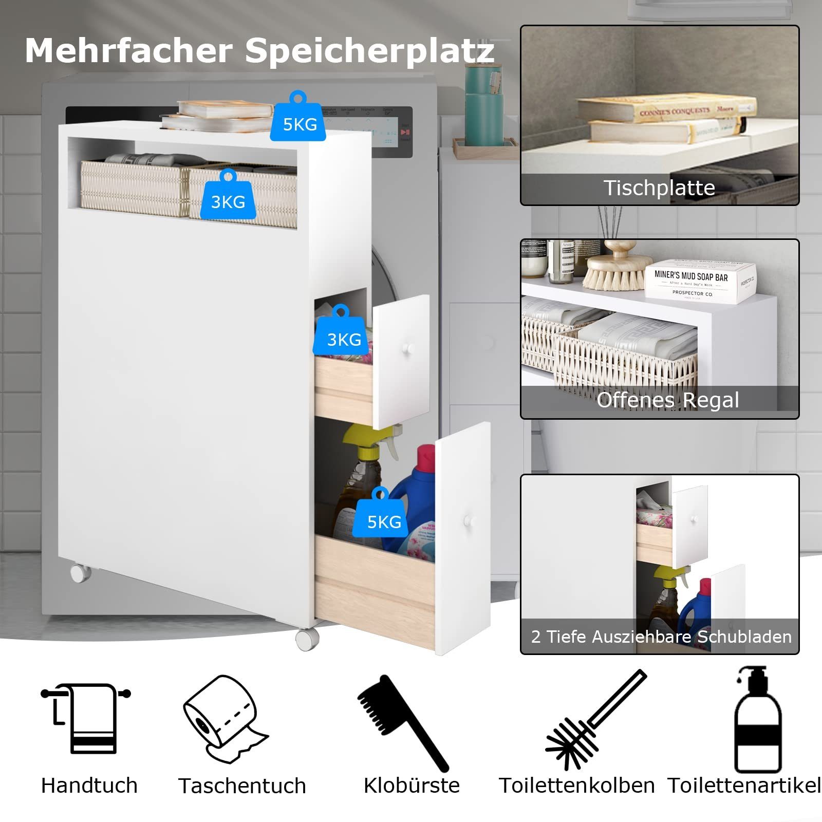 COSTWAY Badkommode, Nischenschrank, schmal, mit Rollen & Schubladen, weiß