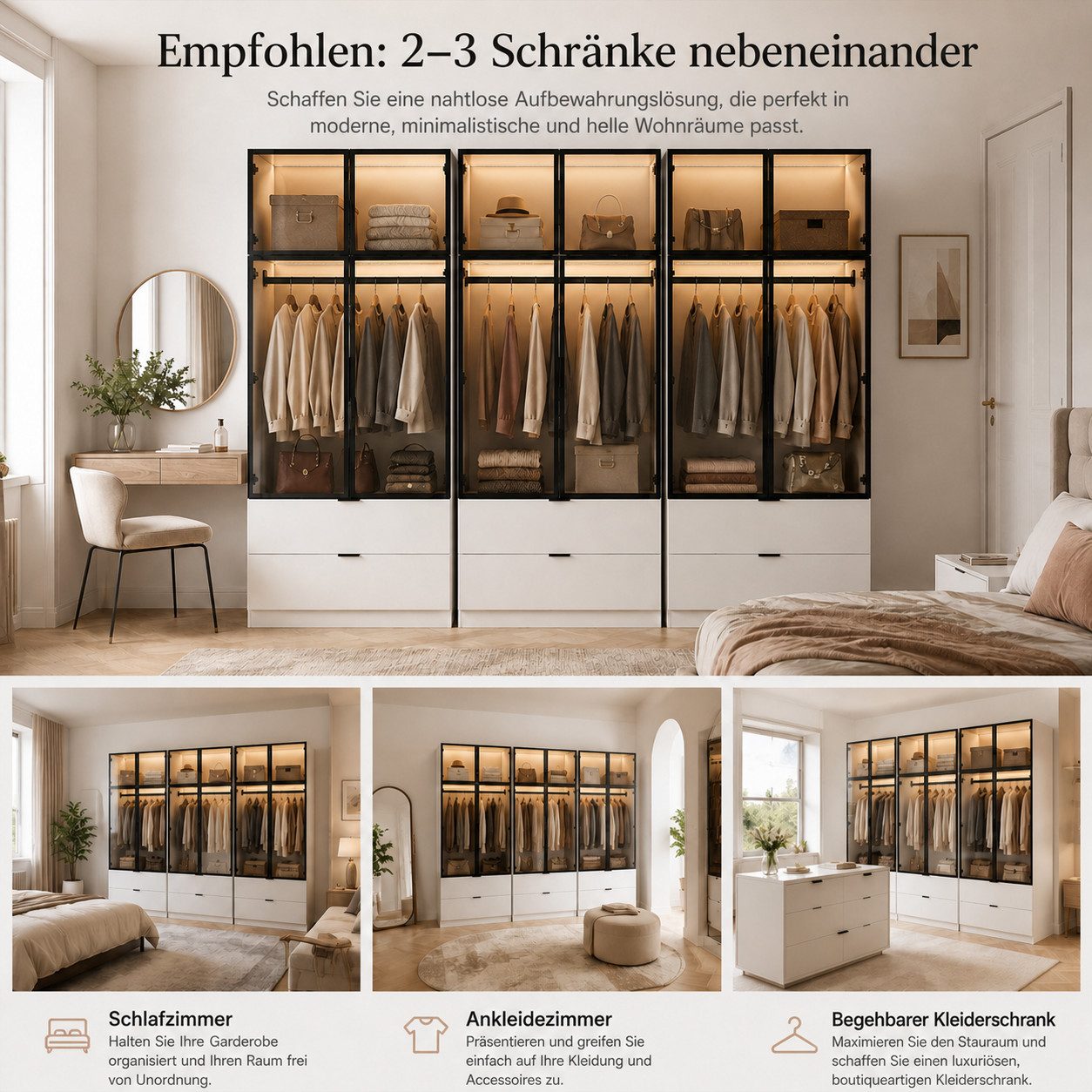 FUFU&GAGA Kleiderschrank 220 cm hoch, Aluminiumrahmen, Glastüren, LED, Hochglanz weiß (3-St)