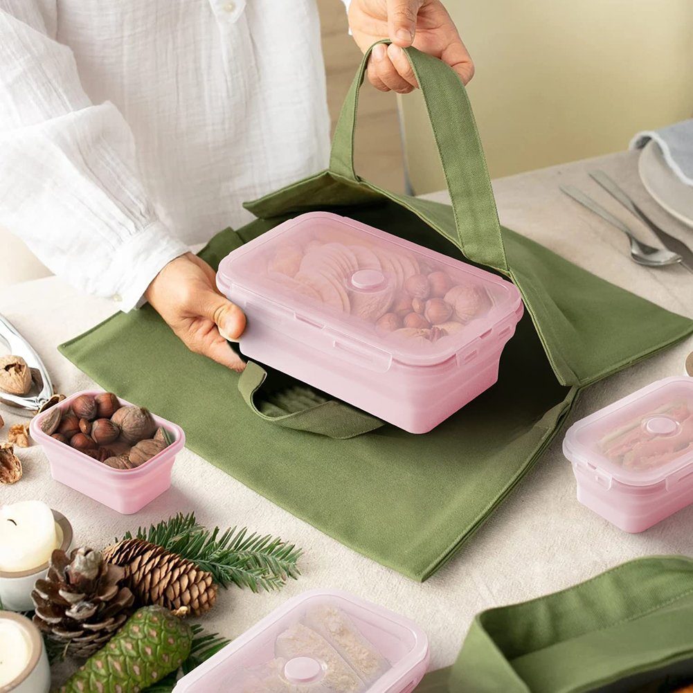 SCRTD Lunchbox faltbare brotdose,Lebensmittelaufbewahrungsboxen,4 Stück, faltbare Rosa Lunchboxen Silikon-Lebensmittelaufbewahrungsbehälter