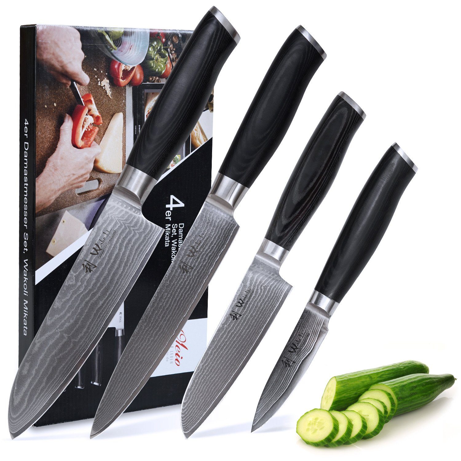 Wakoli Messer-Set Mikata 4er Damastmesser-Set Klingenlängen von 8 cm bis 18 cm mit Griff