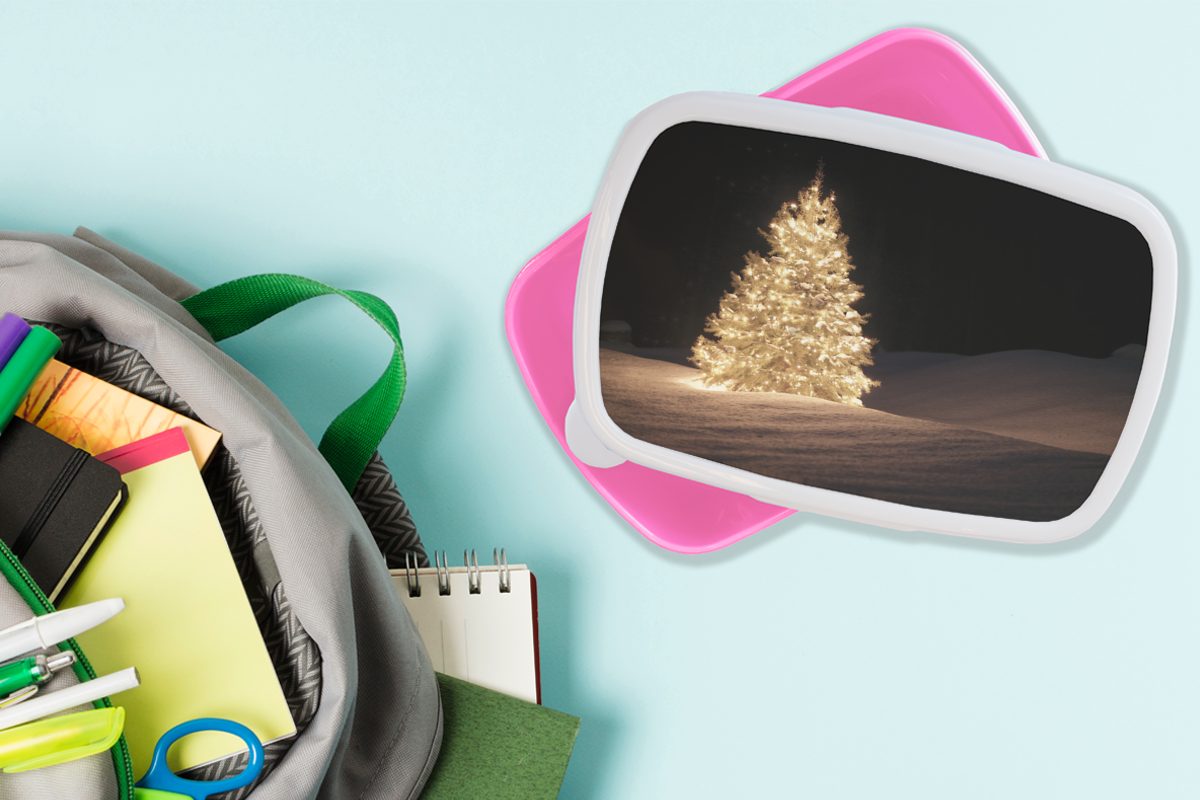 Snackbox, MuchoWow für Mädchen, beleuchteter Ein Kunststoff Weihnachtsbaum (2-tlg), Kinder, Brotbox Nacht, Lunchbox bei rosa Brotdose Erwachsene, Kunststoff,