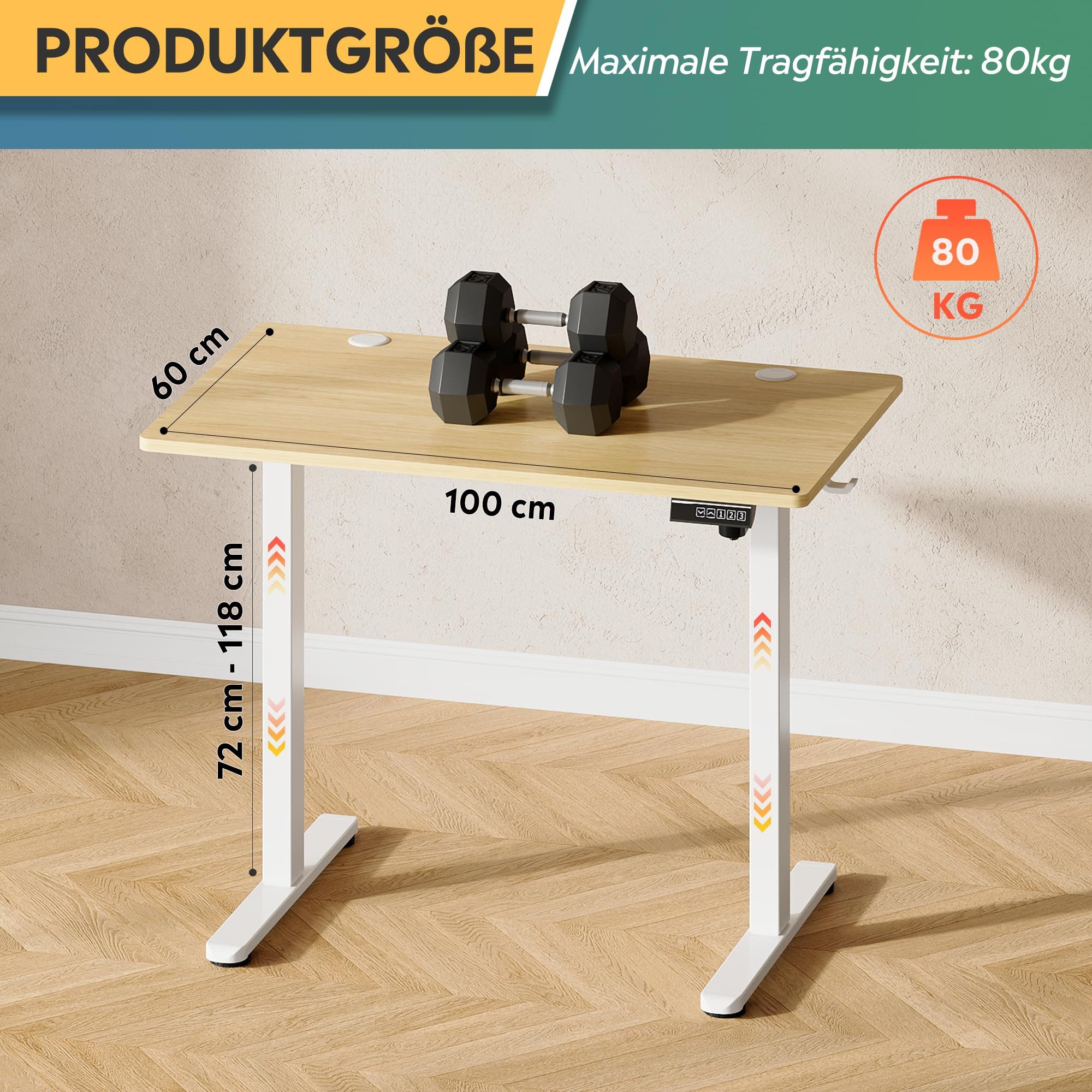 DEVAISE Schreibtisch Höhenverstellbarer Schreibtisch elektrisch 100×60 cm (Höhenverstellung 72–118 cm, Memory-Funktion für 3 Höhen, leise <50 dB, 1 Tisch), Ergonomischer Computertisch für Büro, Home Office, Farbe Eiche