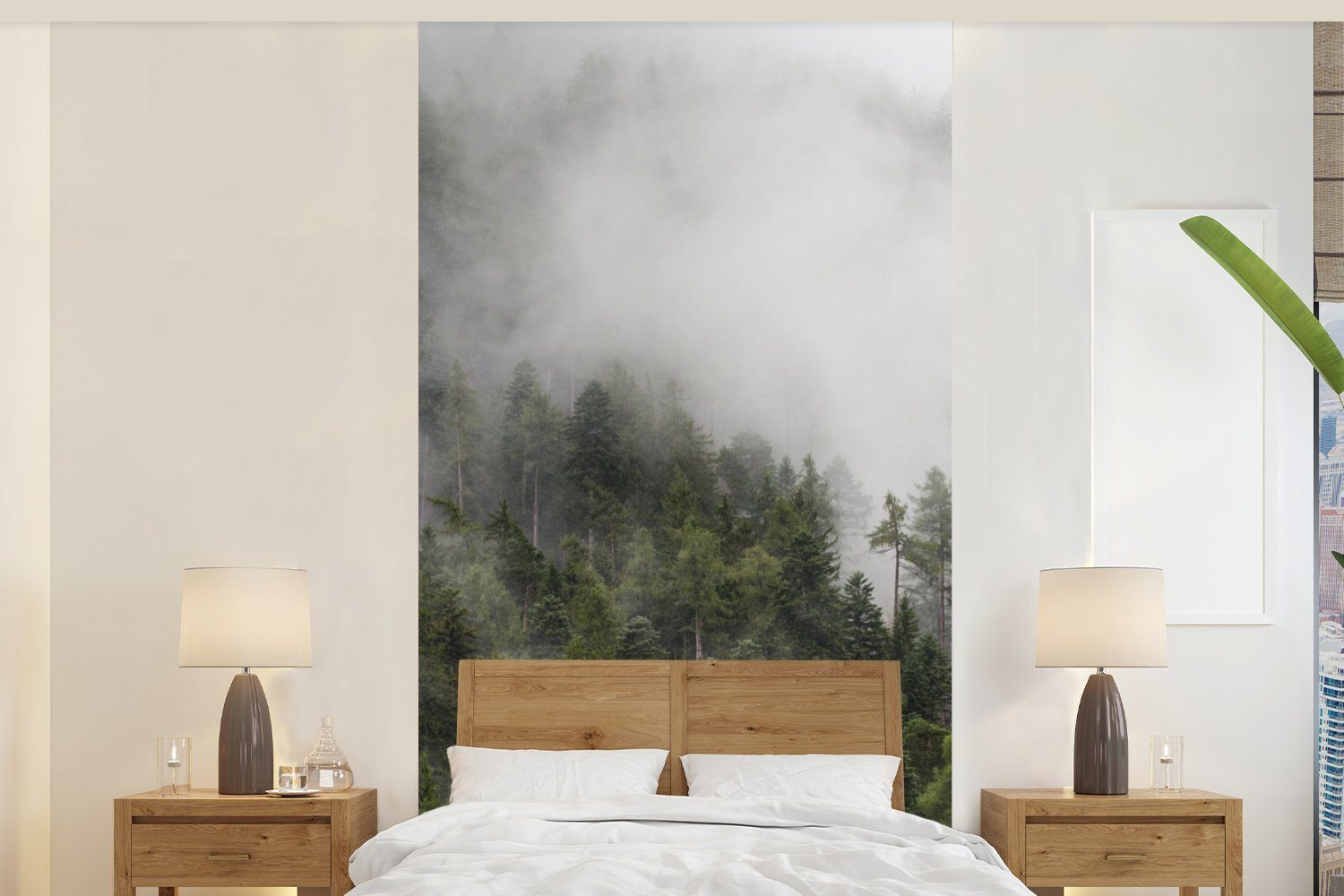MuchoWow Fototapete Wald - Nebel - Berg, Matt, bedruckt, (2 St), Vliestapete für Wohnzimmer Schlafzimmer Küche, Fototapete