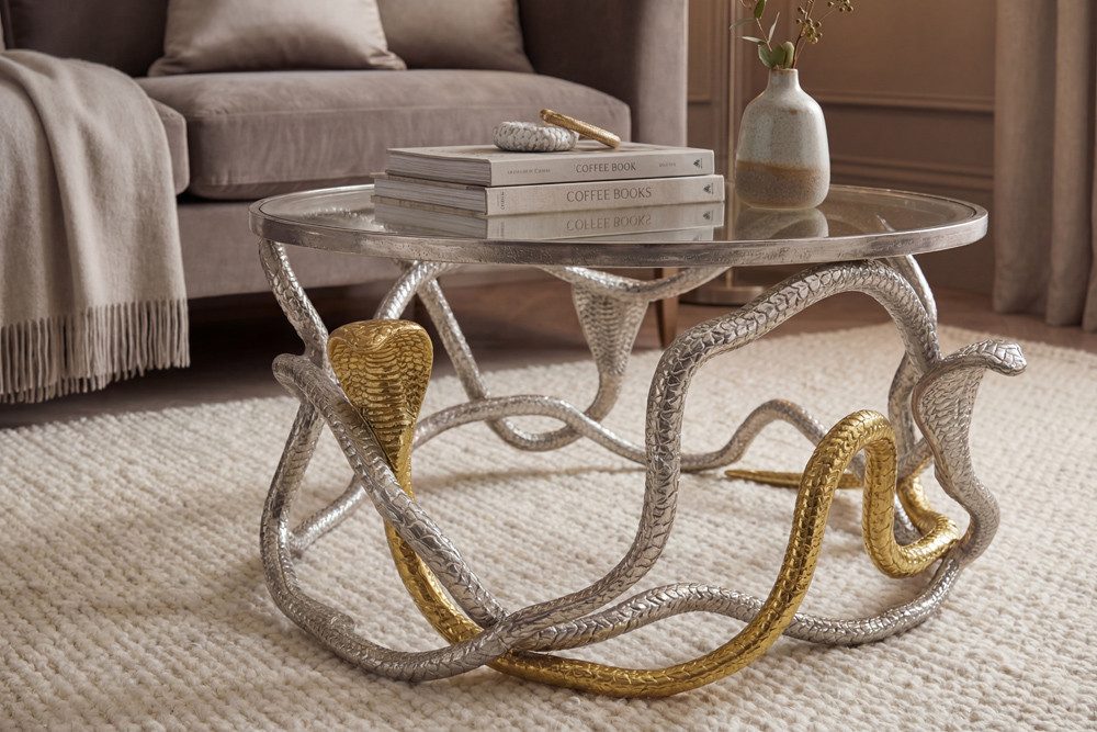 riess-ambiente Couchtisch SNAKE 70cm gold/silber - Metall, Glasplatte, Schlangen, Cobras, rund (Einzelartikel, 1-St), Ausgefallener Beistelltisch - ideal für moderne & stylische Wohnräume