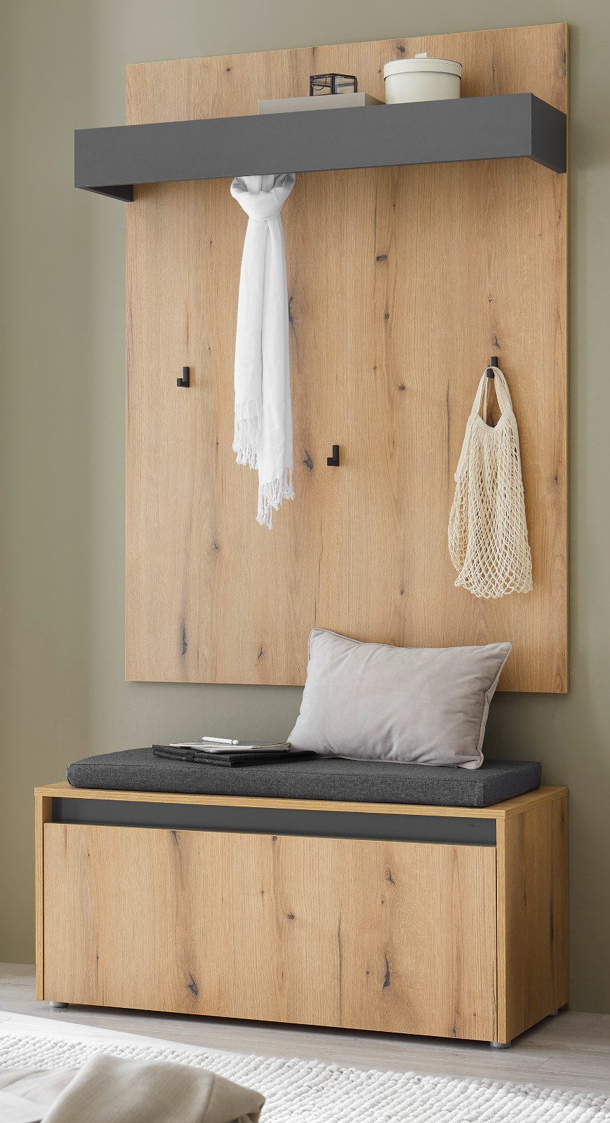 Furn.Design Garderoben-Set Center, (Set mit Wandgarderobe und Schuhbank, Eiche mit Grau, Breite 100 cm), inklusive Sitzkissen