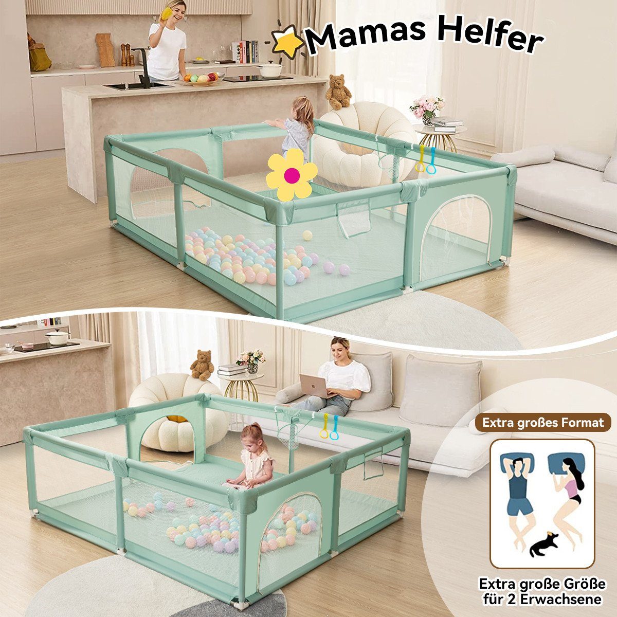 Comomy Laufgitter, Baby Krabbelgitter Kinder Schutzgitter mit Kugeln 180x150x66cm