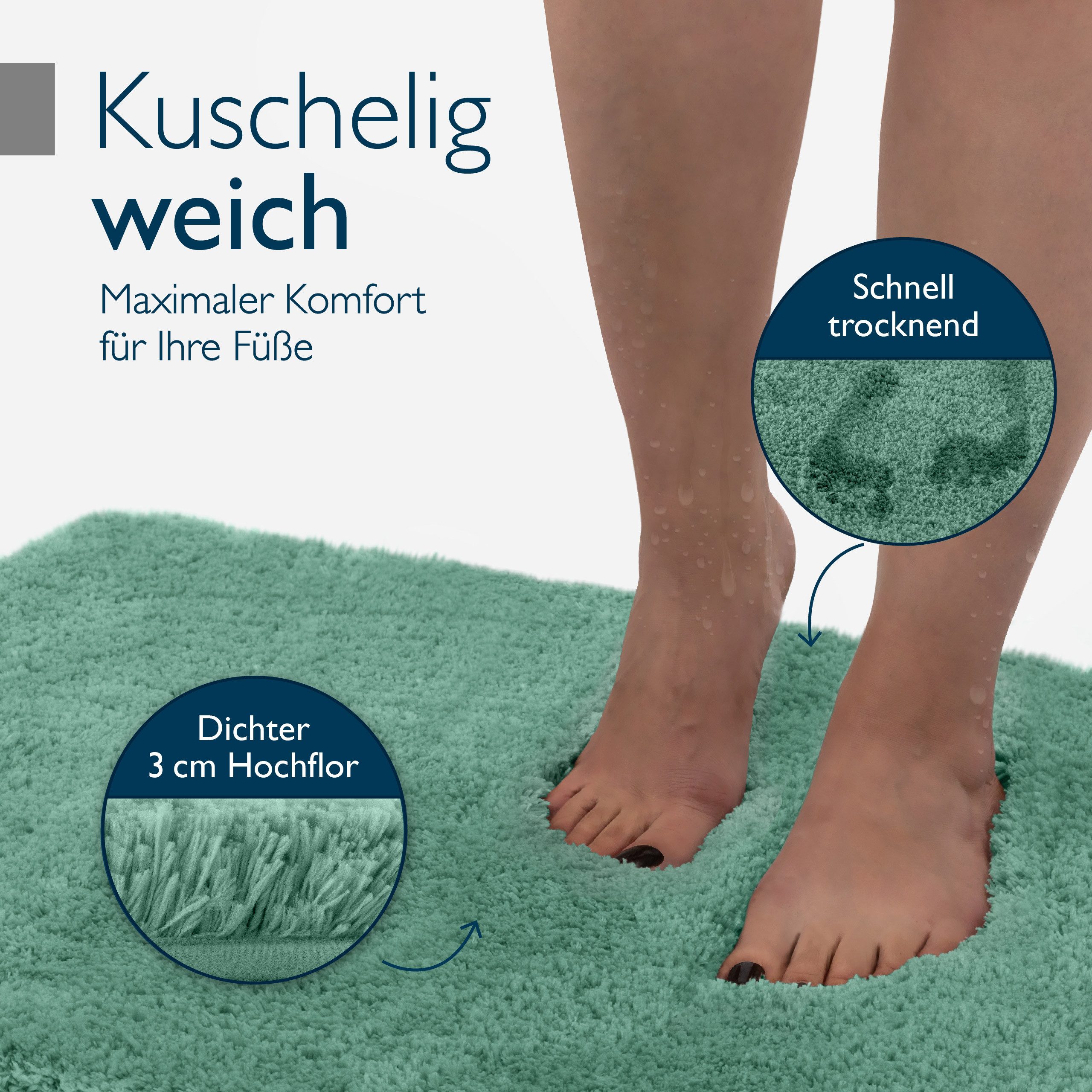 Beautissu Badematte Badematte rutschfest BeauMare FL, 60x50cm, Mintgrün, Höhe 30 mm, Polyester, 60x50 cm Duschvorleger Hochflor Badteppich rutschfest Waschbar S – Bild 3 von 5