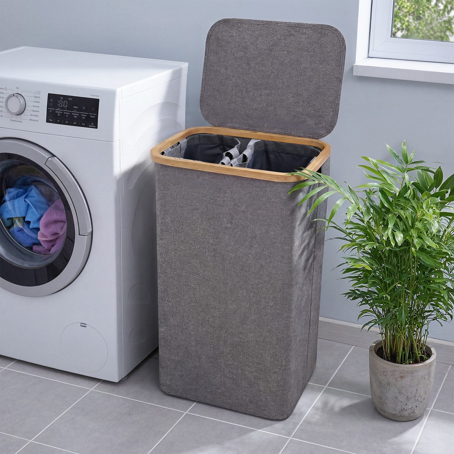Björn&Schiller Wäschekorb Wäschesammler mit Deckel Oxford-Gewebe, robust und leicht, mit 2 Fächern, 100 L ideal für Badezimmer