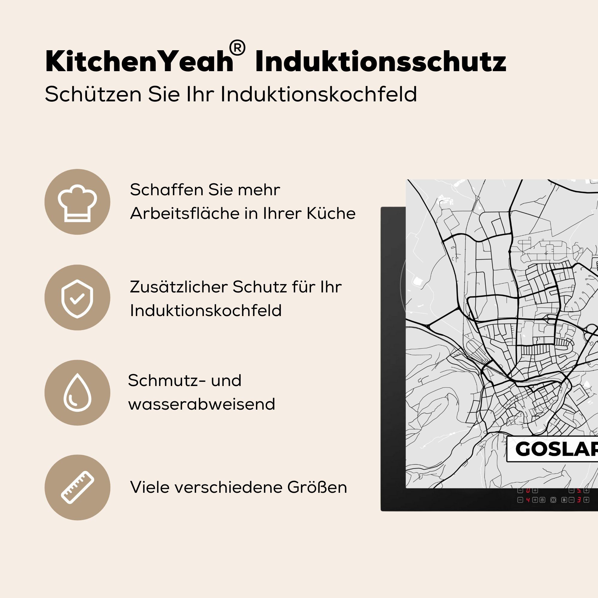 MuchoWow Herdblende-/Abdeckplatte Karte Karte tlg), - Vinyl, küche cm, (1 für 78x78 Ceranfeldabdeckung, - Deutschland Arbeitsplatte - - Stadtplan, Goslar
