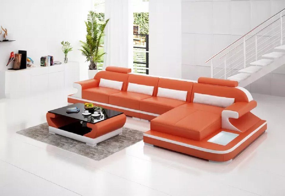 JVmoebel Ecksofa Ledersofa Eckcouch Polstergarnitur Sofa Polster Couch Wohnlandschaft, Weißes Ecksofa mit LED Beleuchtung Orange/Weiß