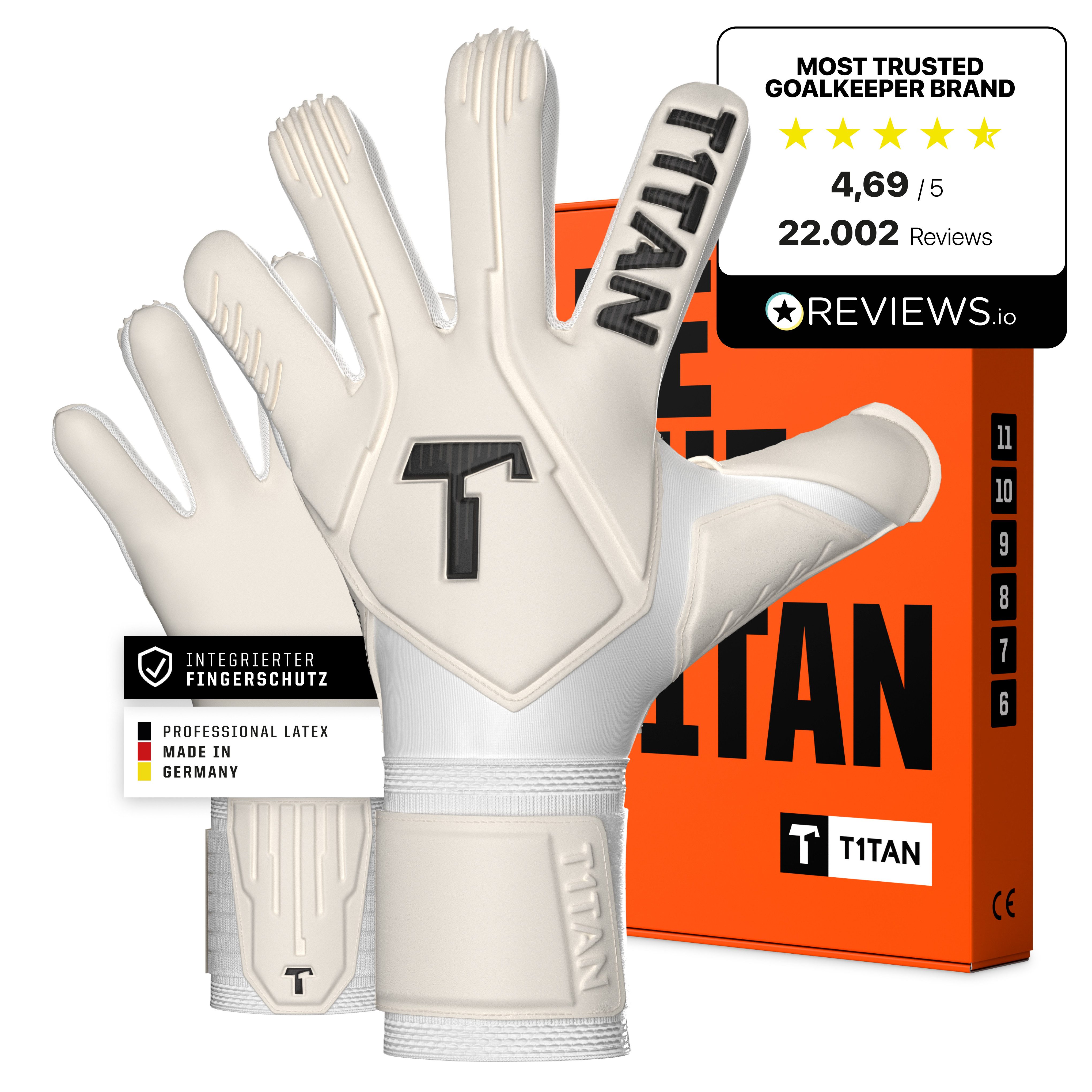 T1TAN Torwarthandschuhe Erwachsene, Fingerschutz, LEGEND White-Out, Größe 6-11