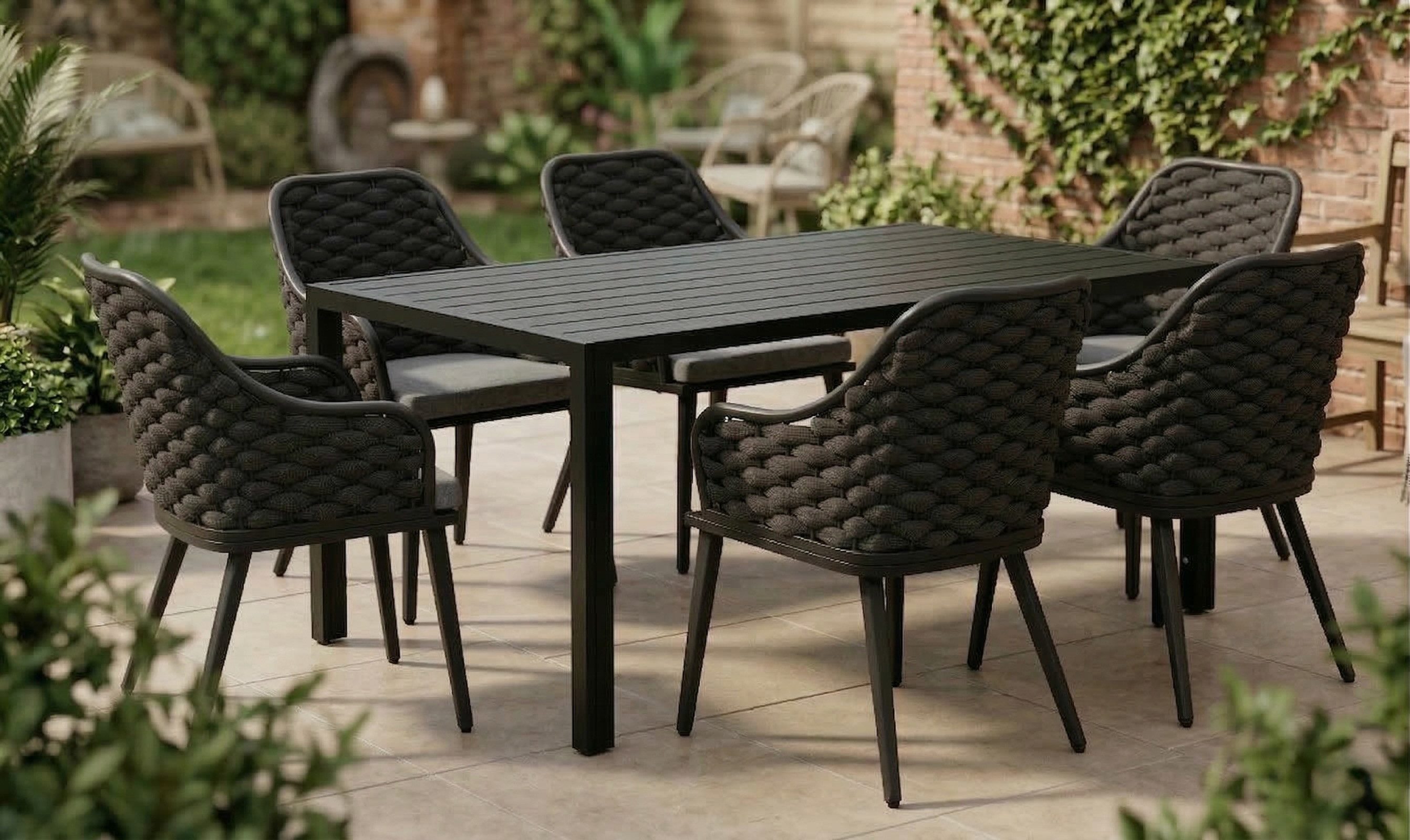 MCW Garten-Essgruppe Garten Essgruppe Set Tisch mit 4 oder 6 Stühlen Rope Seilgeflecht, (7-tlg)