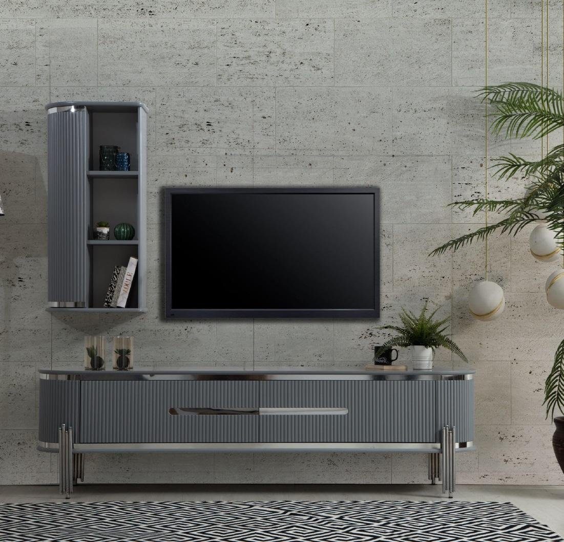 JVmoebel Wohnwand TV Ständer RTV Lowboard Regale Sideboard Tisch Modern Grau Luxus, (2-St., 1x Lowboard + 1x Regale), Made in Europa