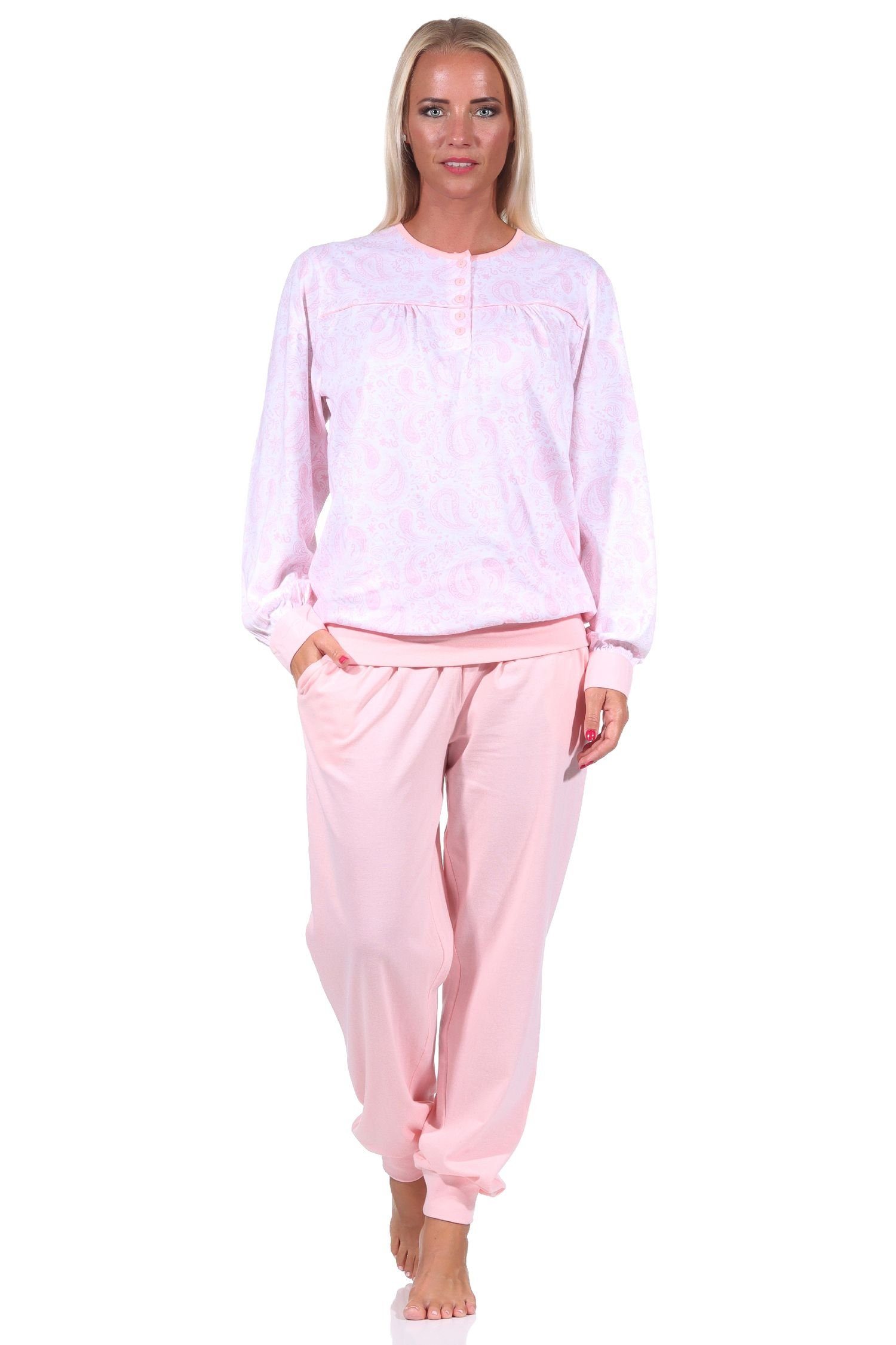 Damen Hals Bündchen + Schlafanzug am Design Knopfleiste rosa Paisley mit Pyjama Normann