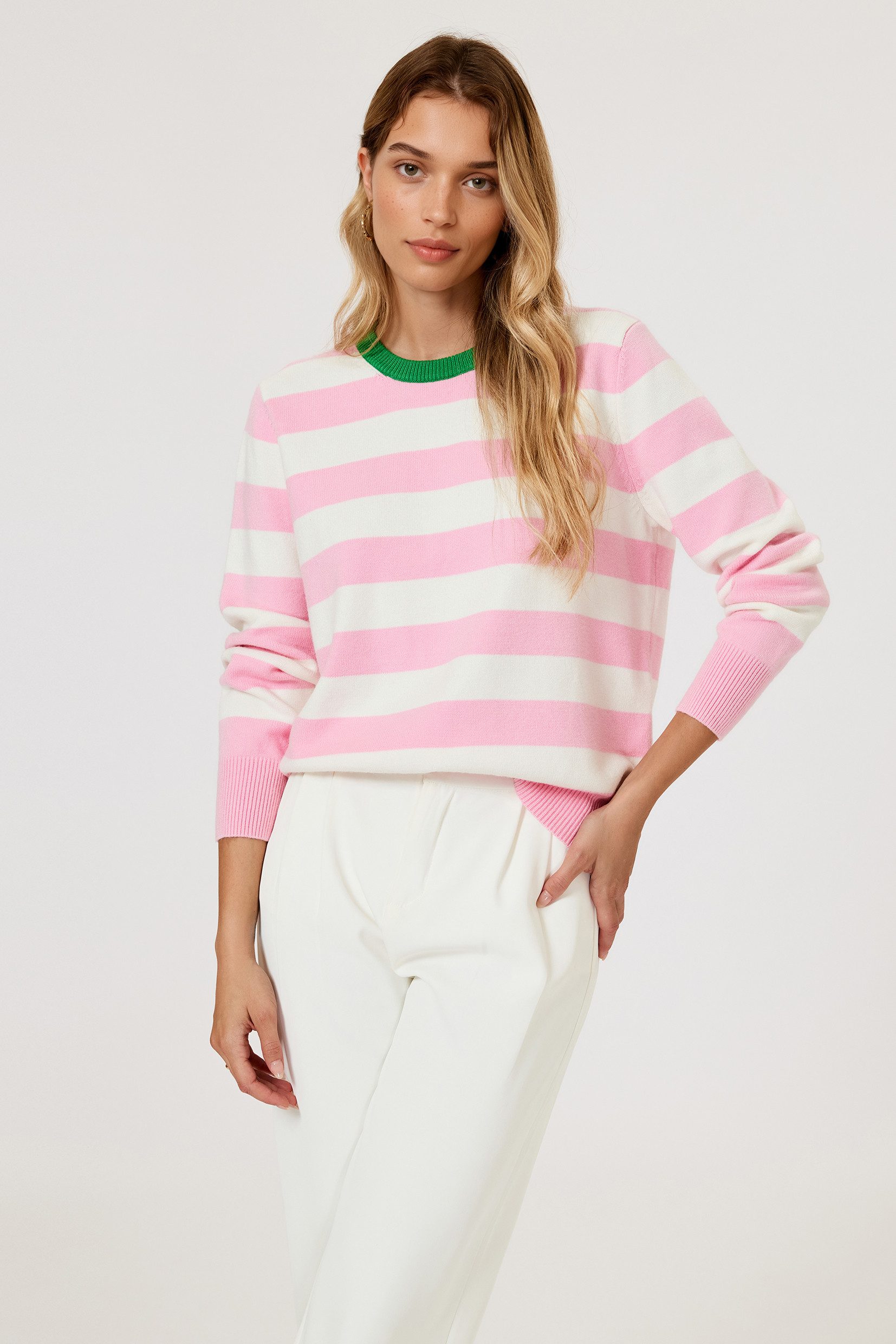 FS Collection Strickpullover Damen Strickpullover gestreift Rosa-Weiß mit R günstig online kaufen