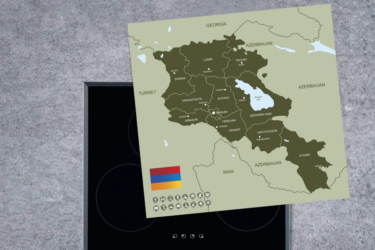 MuchoWow Herdblende-/Abdeckplatte Eine (1 Illustration cm, Karte von für einer Vinyl, 78x78 grünen Ceranfeldabdeckung, Armenien, Arbeitsplatte küche tlg)