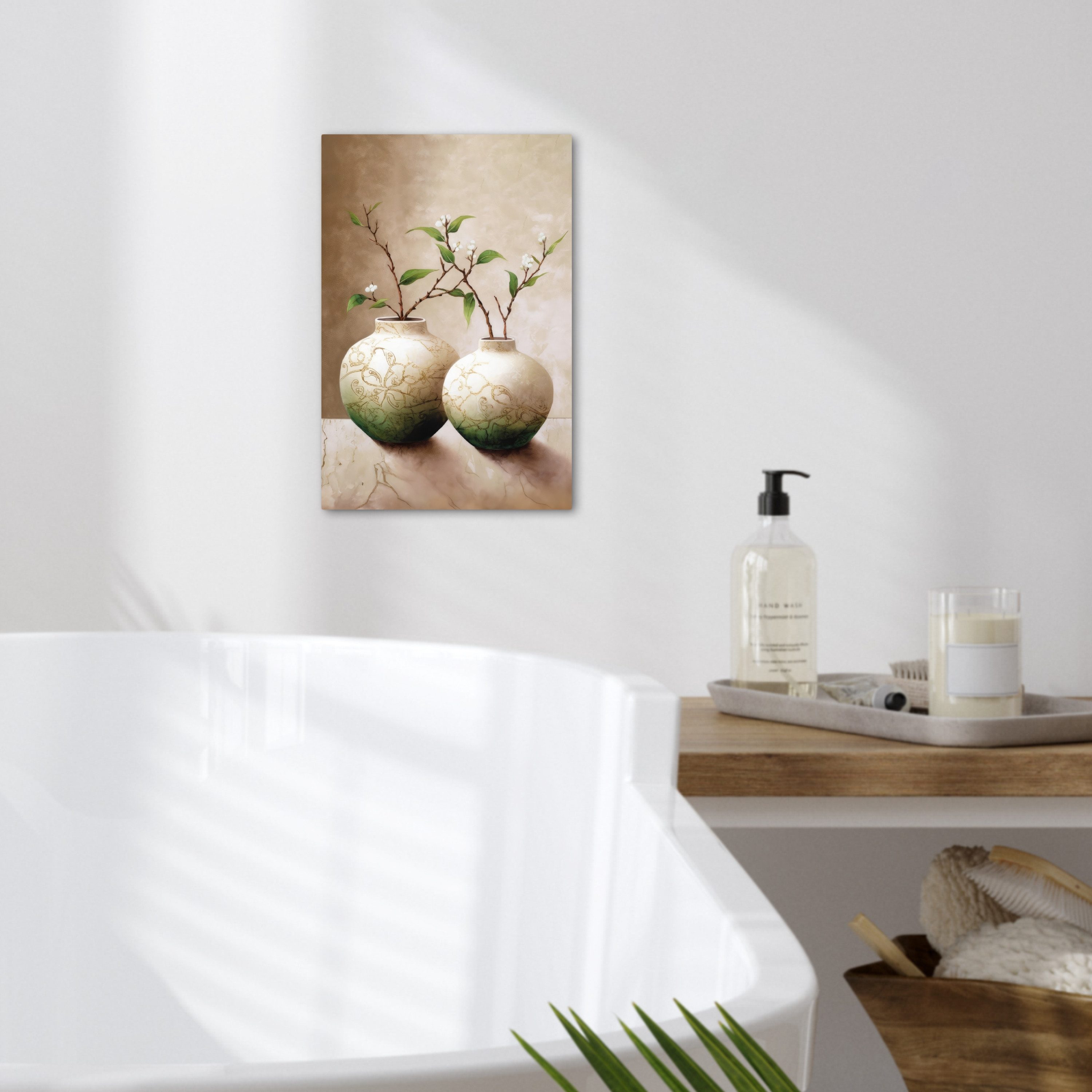 OneMillionCanvasses® Leinwandbild Blumen - Vase - Weiß - Botanisch - Beige, Fotodruck (1 St), Badezimmer Deko, Bilder WC, Toilette Wanddeko 20x30 cm