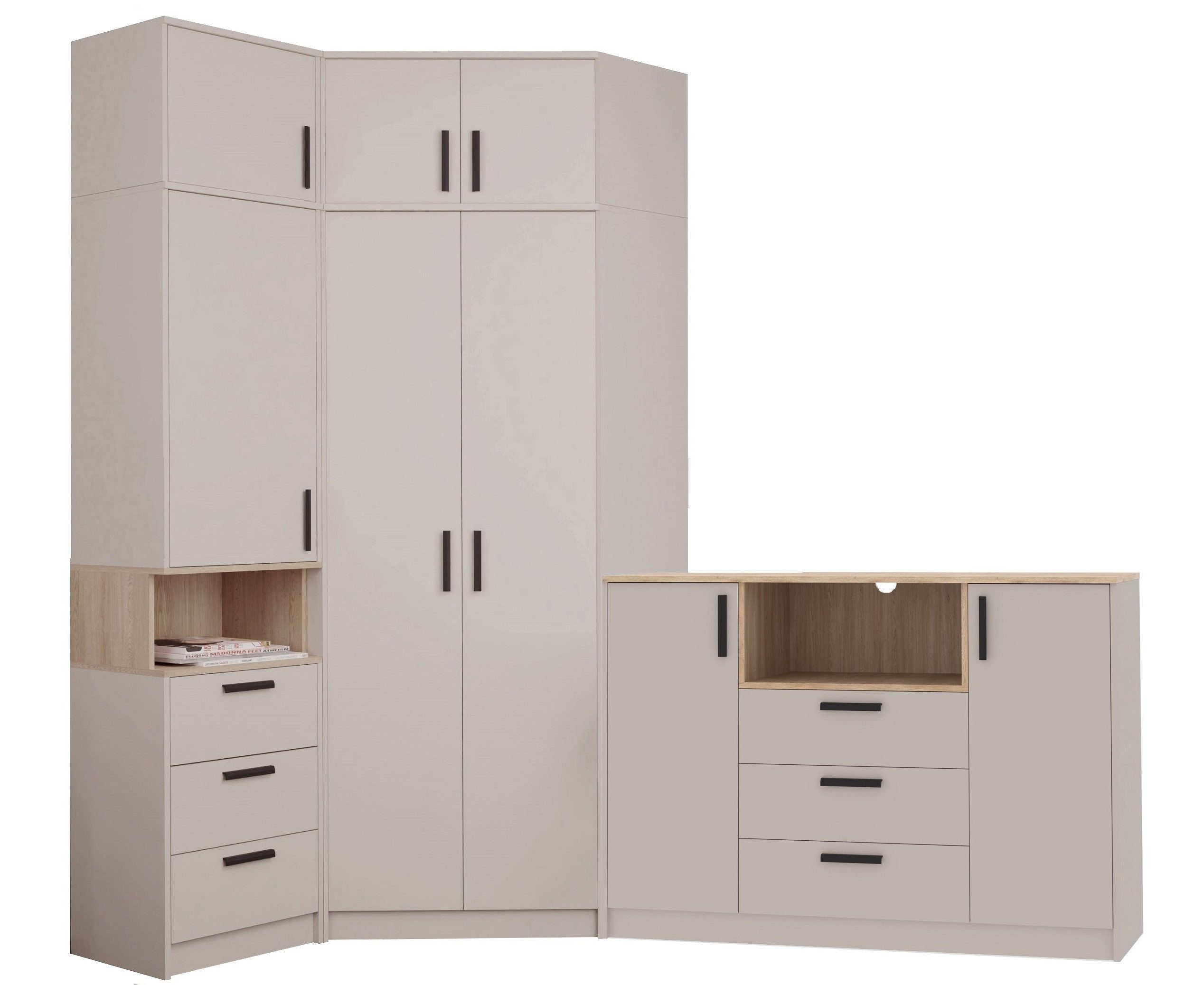 Marmex Möbel Schrank-Set Grant Set 36 C, (5-St., Regal, Eckschrank, Kommode, zwei Schrankaufsätze), Soft-Close-Scharniere, Vollauszug der Schubladen