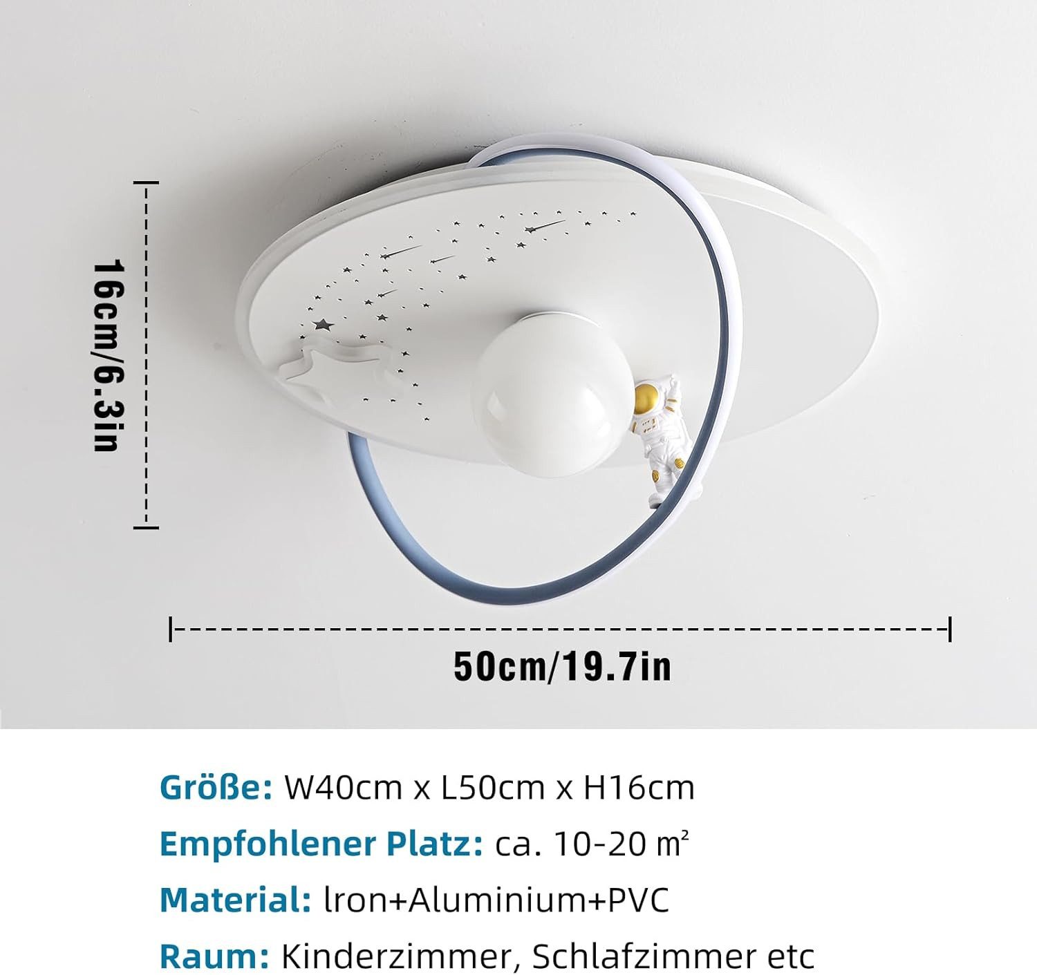 RRBEST Deckenleuchte LED Kinder Deckenlampe, Modernes Design Mond Astronaut Deckenleuchte, Dimmbar mit Fernbedienung Jungen und Mädchen Kinderzimmer Lampen