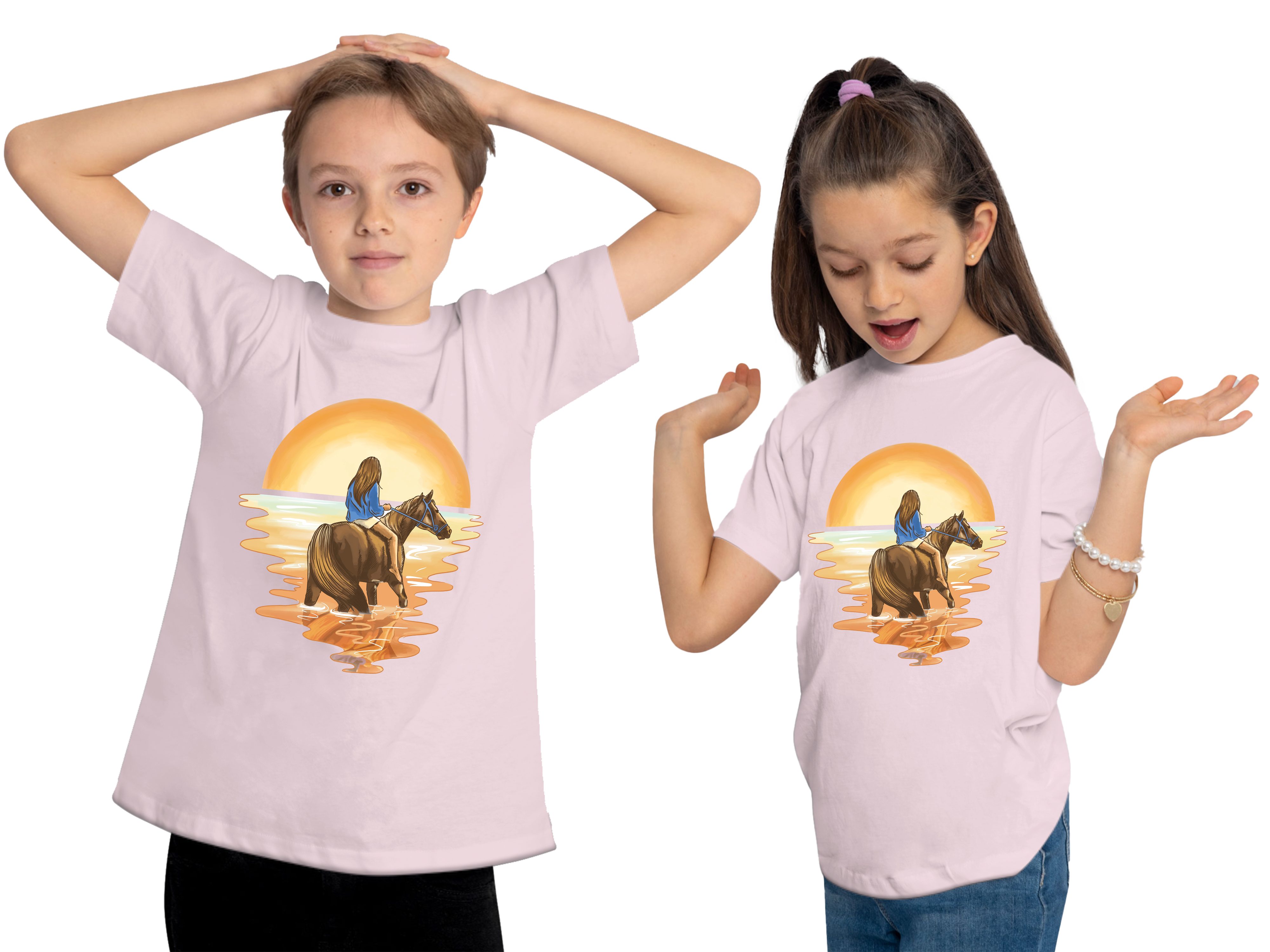 MyDesign24 Print-Shirt bedrucktes Mädchen T-Shirt Pferd mit Reiterin im Wasser Kurzarm Baumwollshirt mit Aufdruck i140