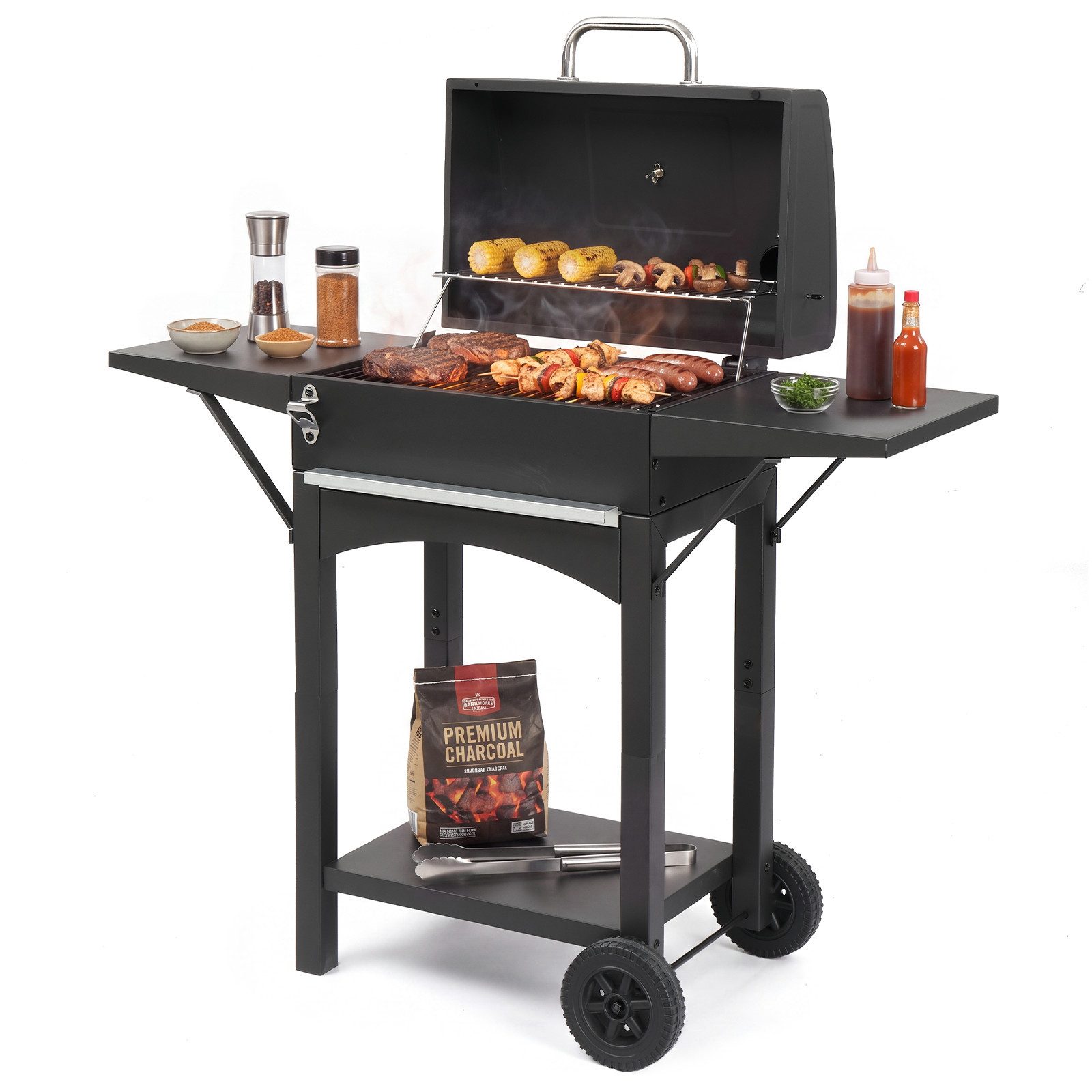 LALAHO Holzkohlegrill Grillwagen mit Faltbarer Seitenablagen, Höhenverstellbarer Gril mit Deckel, Räder, Thermometer, 110×45×102 cm