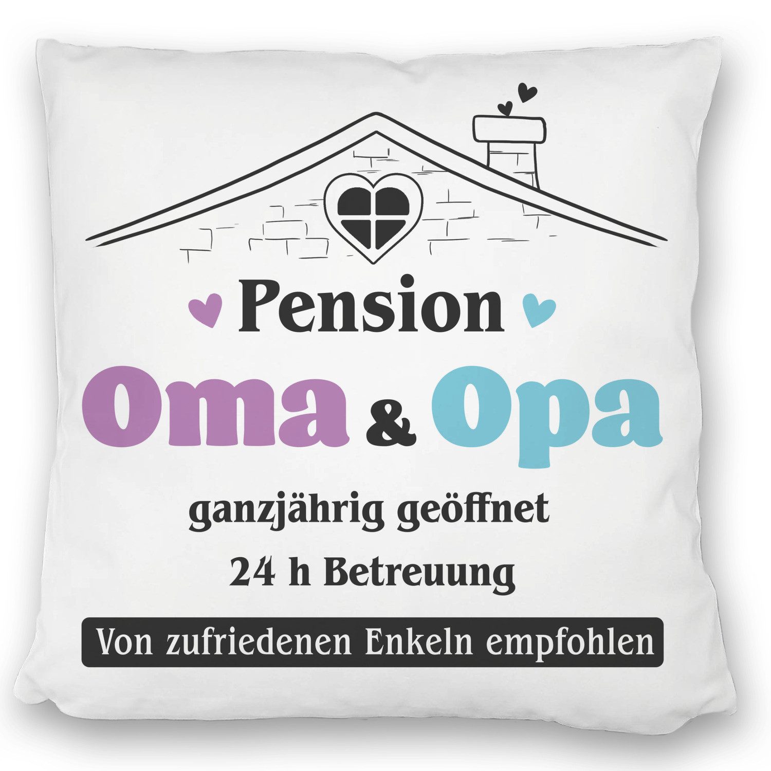 speecheese Dekokissen Pension Oma & Opa Kissen satiniert mit Spruch Von zufriedenen Enkeln