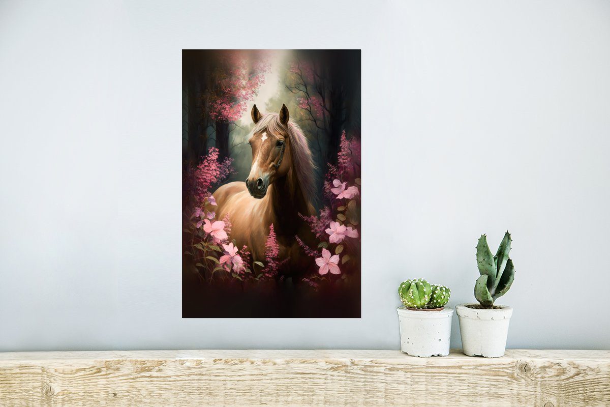 Rahmen - (1 Pferd - Natur St), Wandbild, Wald, Poster Rosa MuchoWow Poster, Wandposter Ohne - Blumen Wohnzimmer, für -