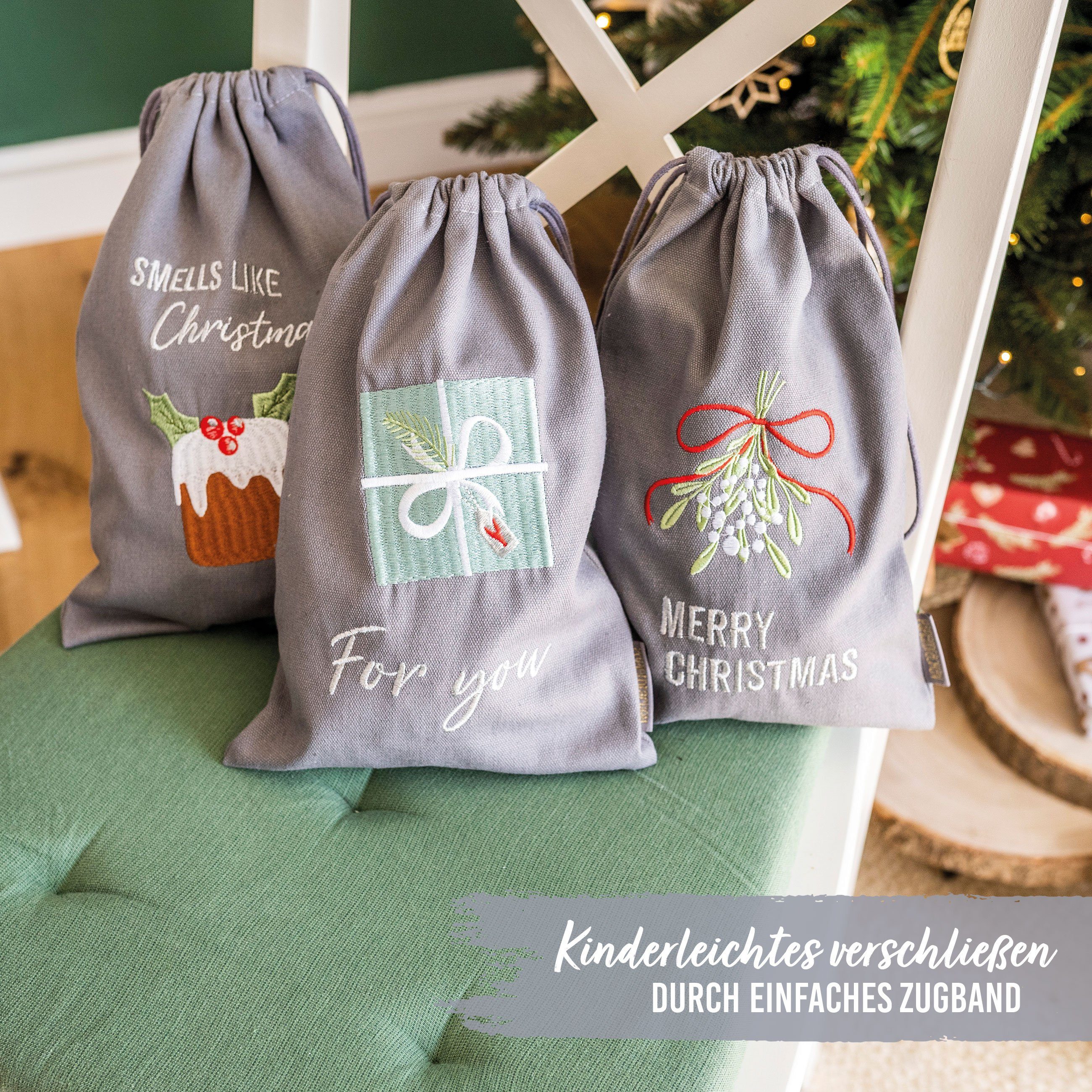PAPIERDRACHEN Geschenkpapier 3 Geschenksäckchen zu Weihnachten - Geschenke nachhaltig einpacken, mit schöner Bestickung