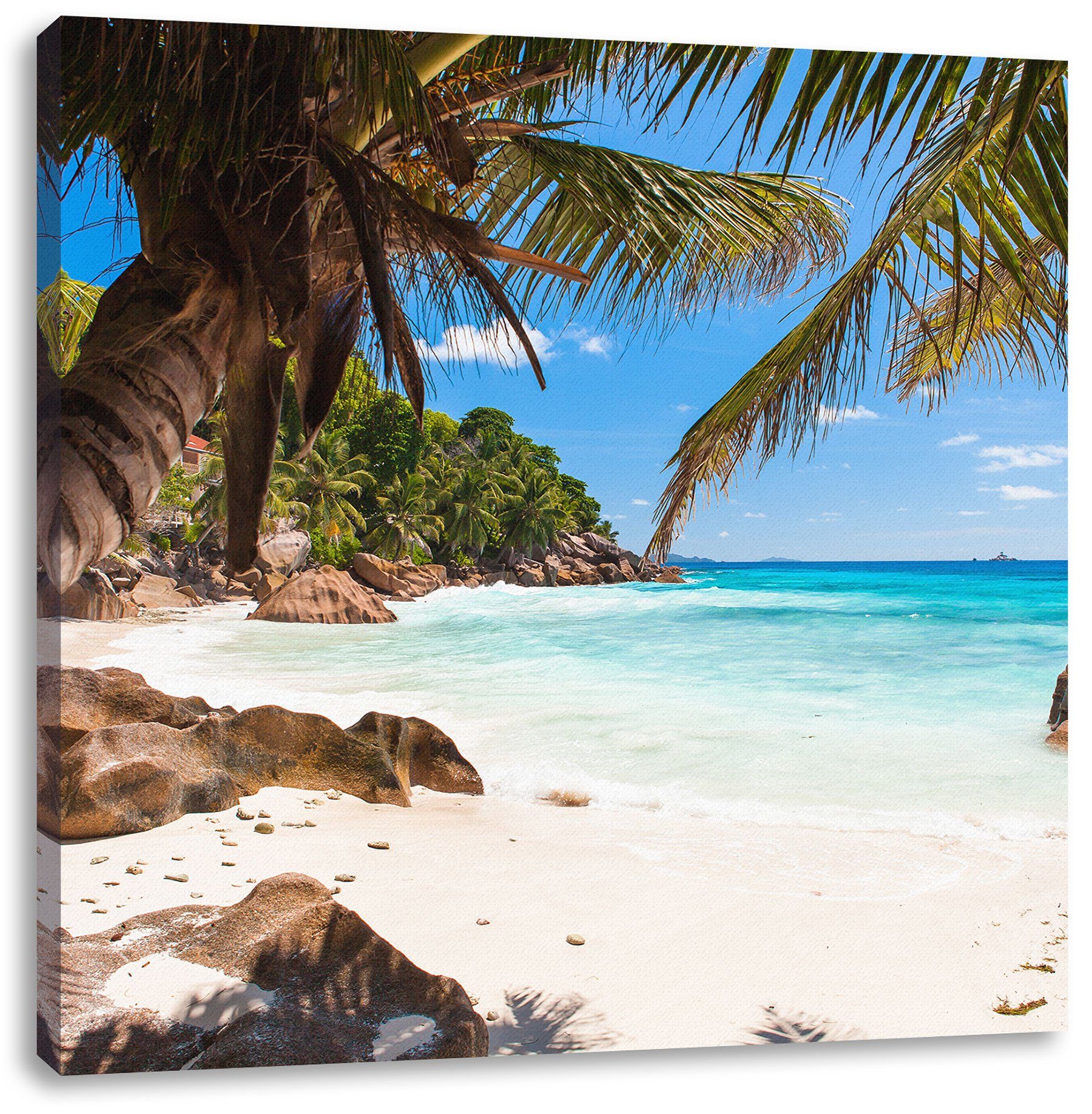 Pixxprint Leinwandbild Palmenstrand Seychellen, Palmenstrand Seychellen (1 St), Leinwandbild fertig bespannt, inkl. Zackenaufhänger