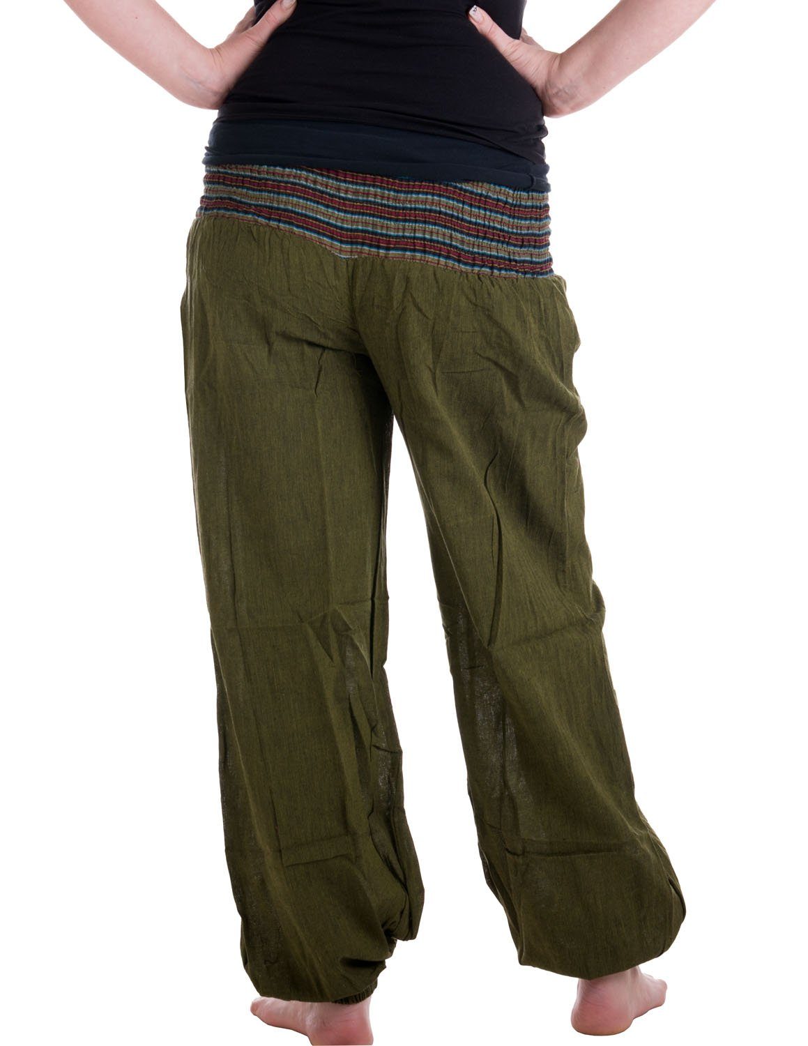 Stoff Haremshose mit mit Pluderhose Vishes elastischem super Bund olivegrün Pumphose, Haremshose Chino handewebtem