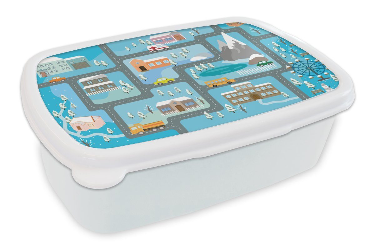 MuchoWow Lunchbox Krankenwagen - Schnee - Berge - Blau, Kunststoff, (2-tlg), Brotbox für Kinder und Erwachsene, Brotdose, für Jungs und Mädchen weiß