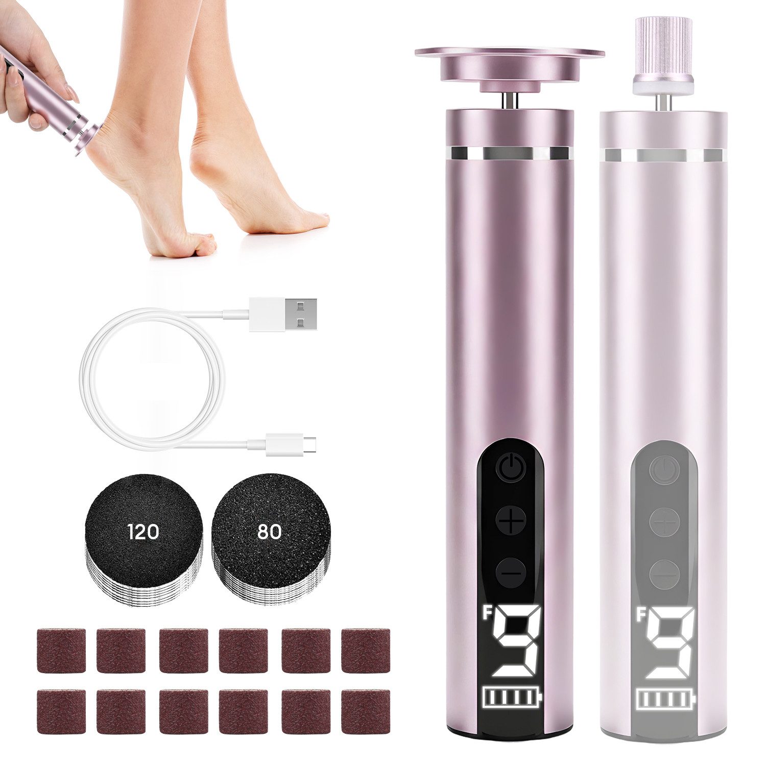 CkeyiN Pro Elektrischer Hornhautentferner 2 in 1,Hornhautentferner Elektrisch/Nagelfeile,Pediküre-Set, 9 Geschwindigkeit,mit Schleifpapier,Wiederaufladbarer, für Tote, Harte, Rissige Haut