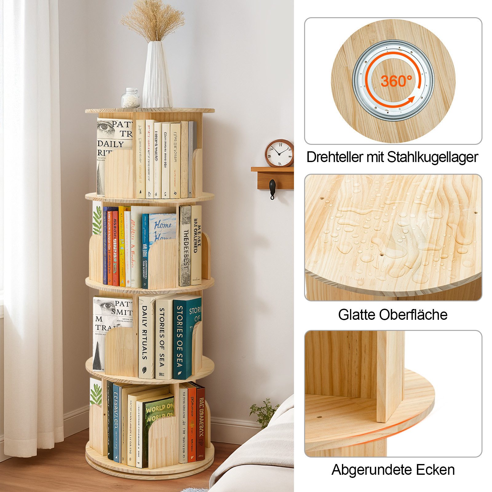 Youyijia Bücherregal 3/4/5-stöckig, Drehregal aus Kiefernholz Naturholzfarbe – Bild 3 von 5