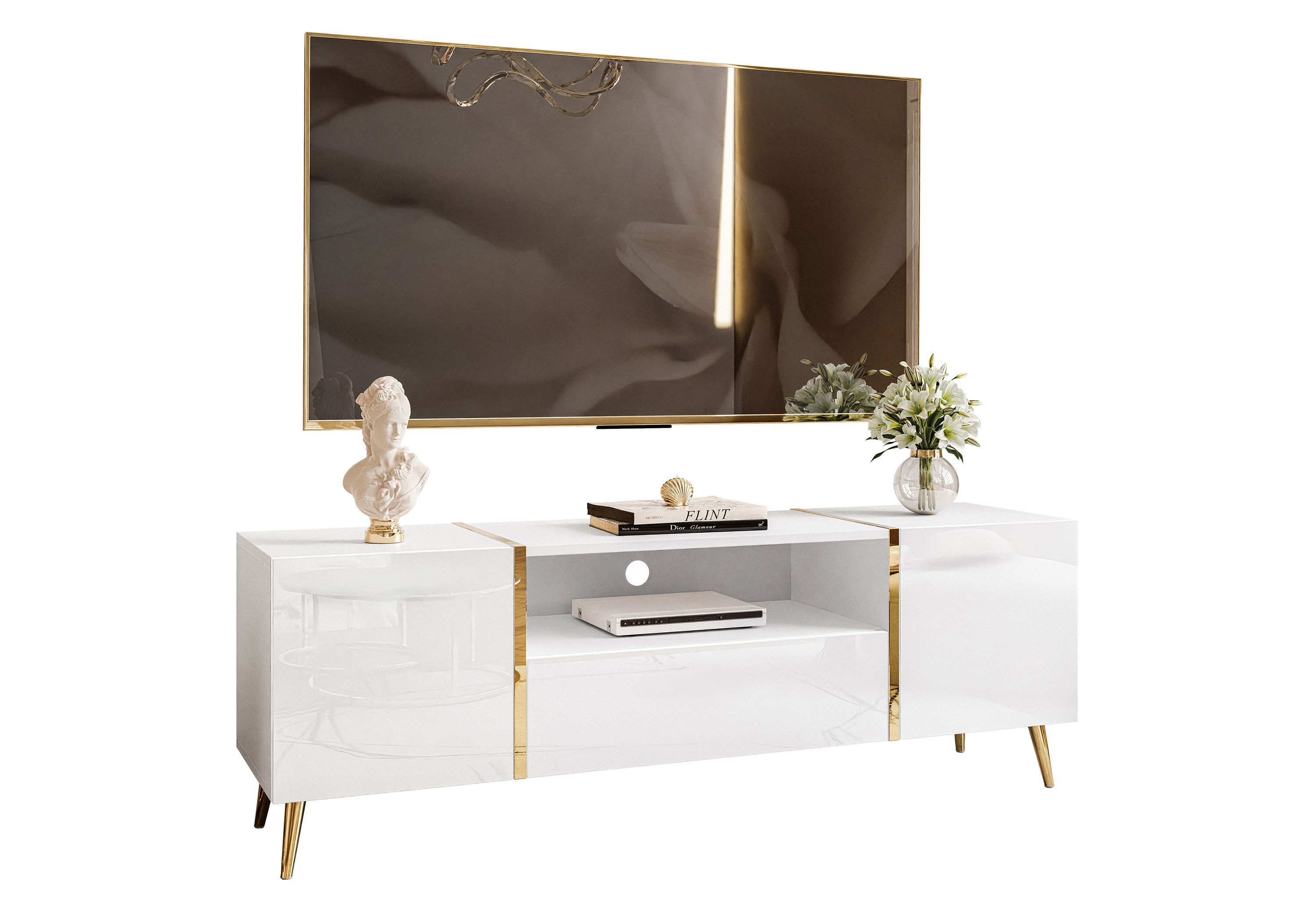 Lookway Lowboard ONYX TV-Schrank auf goldenen Beinen Hochglanz 158 cm