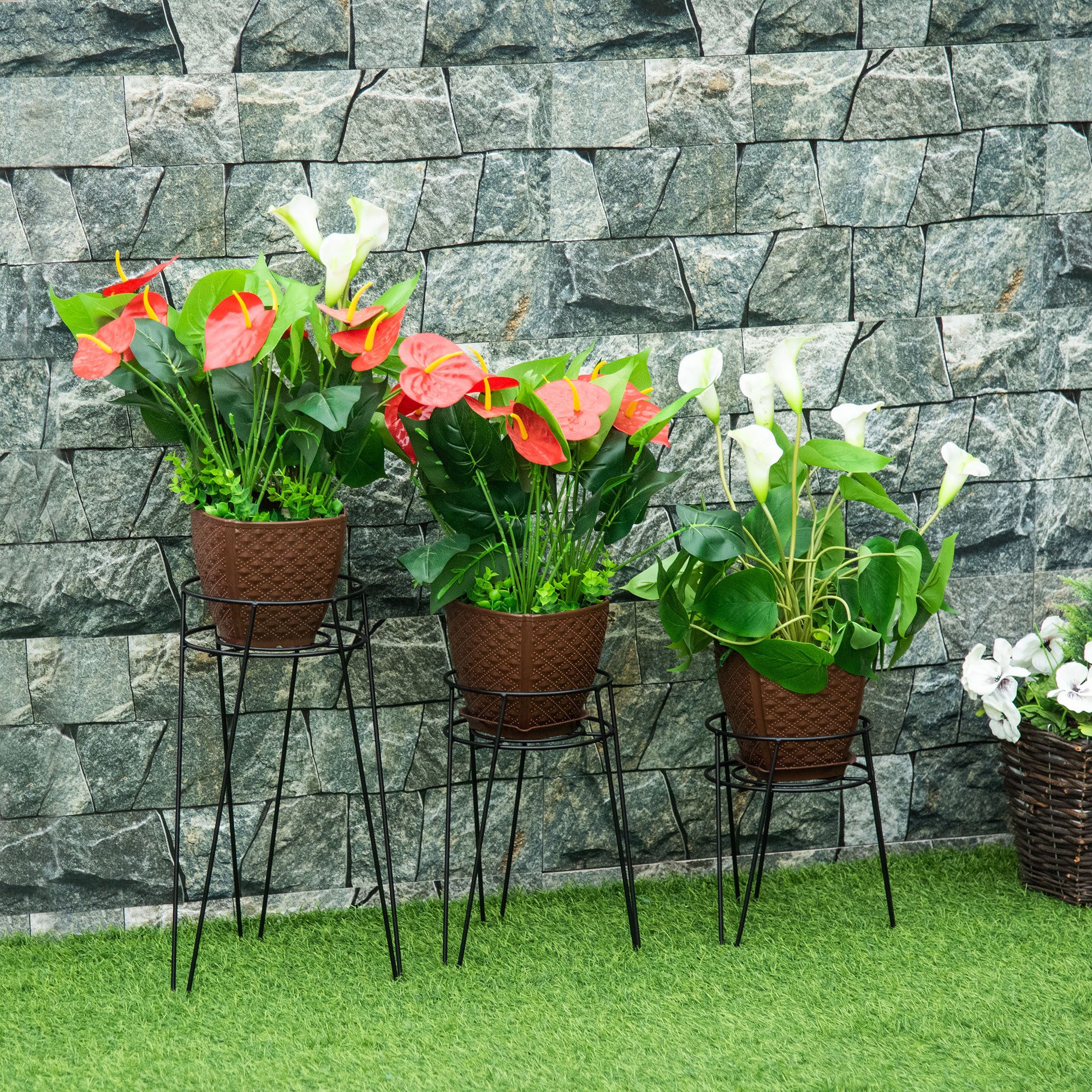 Outsunny Blumenständer Blumentopfständer aus Metall, Blumenhocker für Wohnzimmer (Pflanzenregal, 3 St., Pflanzenständer), für Garten, Balkon, Schwarz