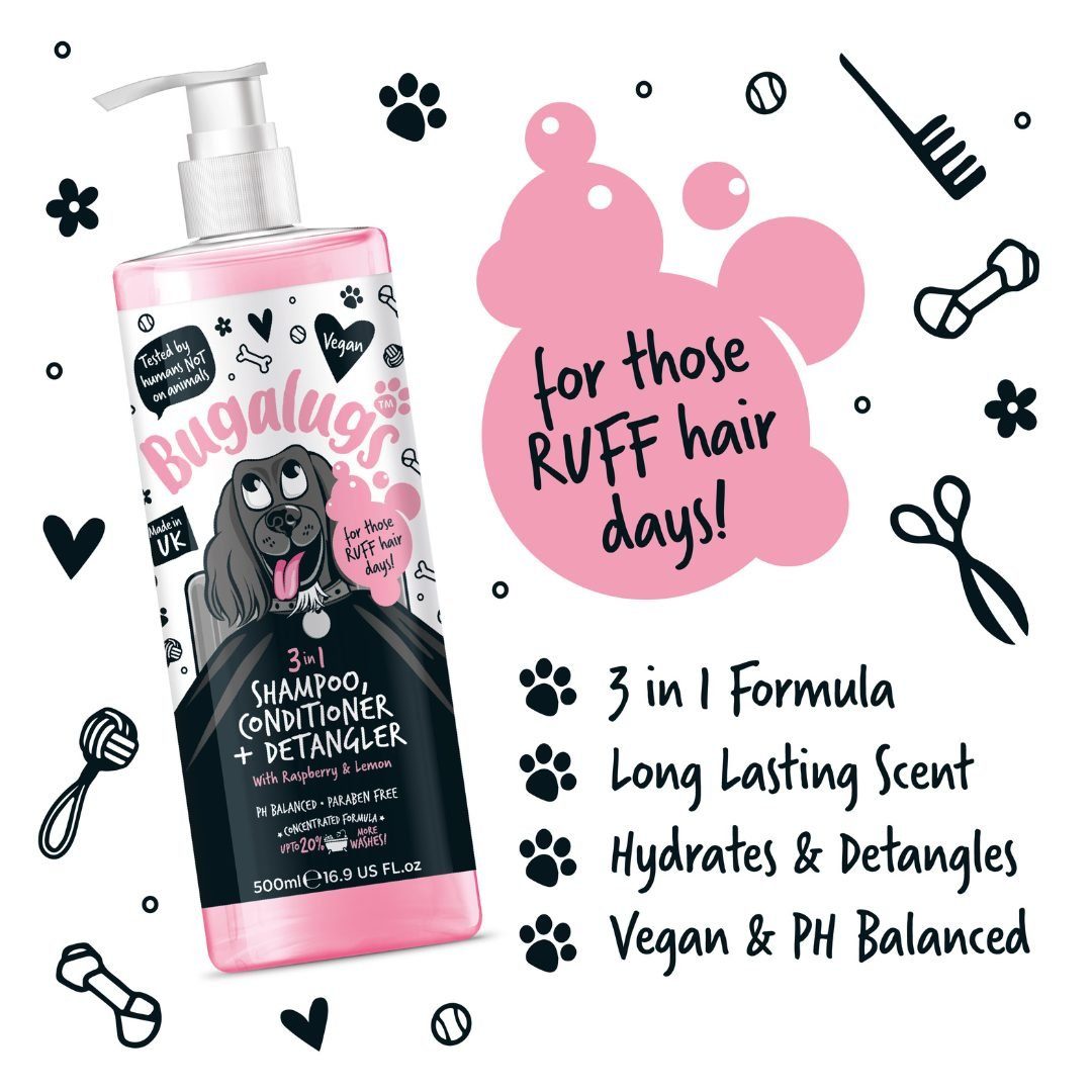 Bugalugs Tiershampoo Bugalugs Hundeshampoo 3in1 Conditioner Entwirrer Himbeer Zitrone Duft, 500 ml, (1-St), pH neutral, Hundeshampoo, mit Vitaminen, 3in1 Formel