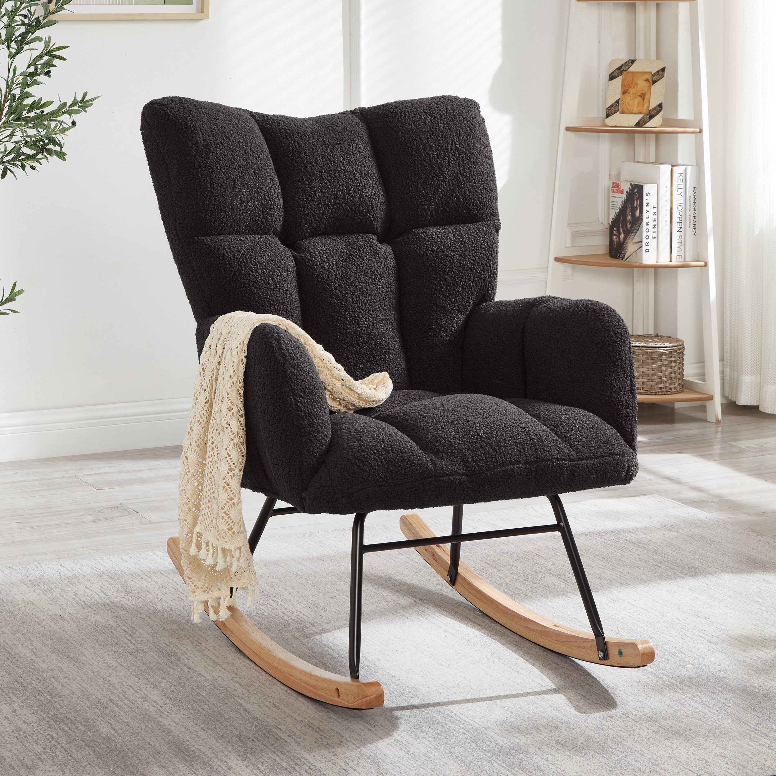 ibettertec Schaukelstuhl Schaukelstuhl Relaxsessel Stillsessel Schaukelsessel mit Armlehnen, Schaukelstuhl 69×89×101 CM mit Holzfußgestell & Metallrahmen