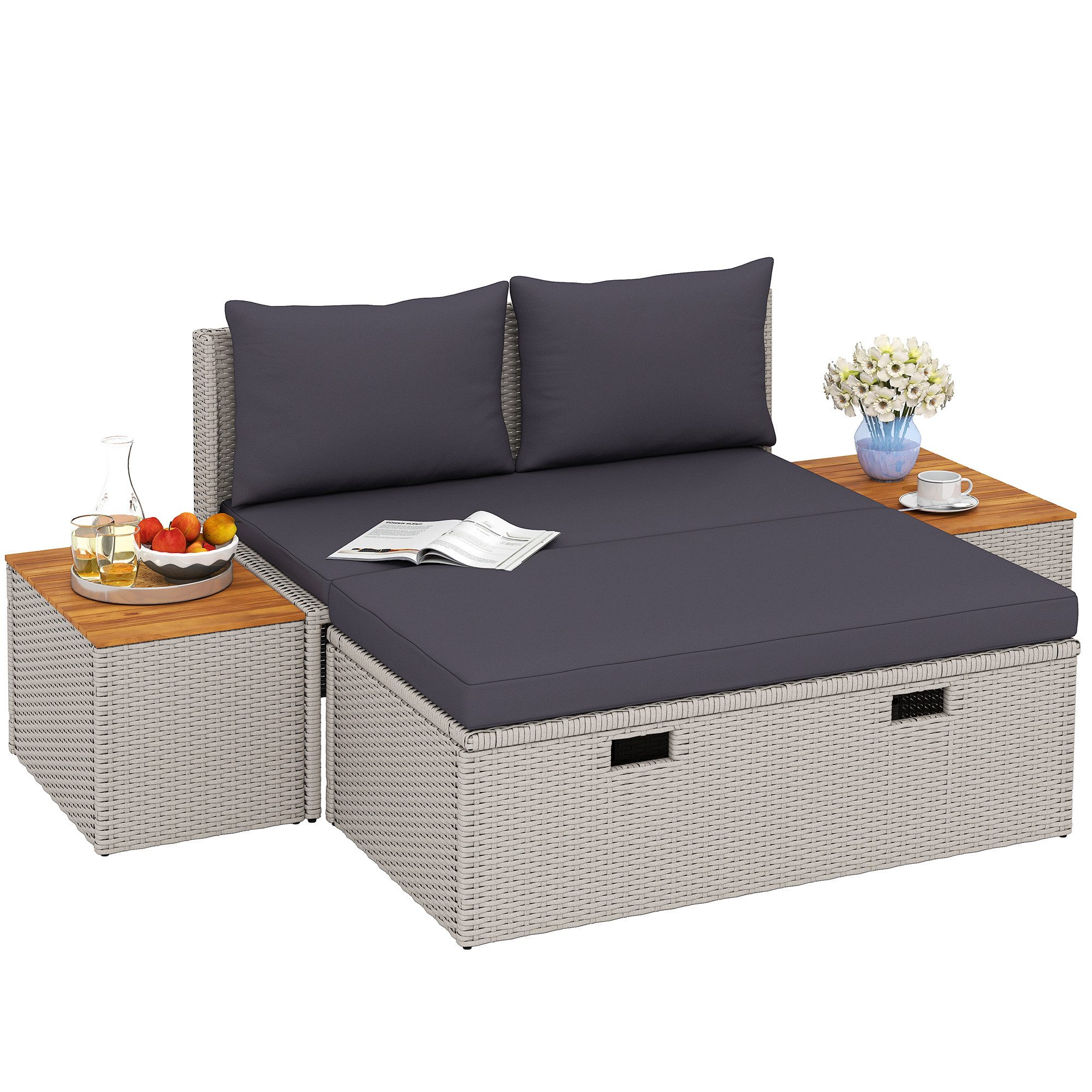 Outsunny Gartenliege mit Fußhocker, Stauraum, Schirmloch, günstig online kaufen