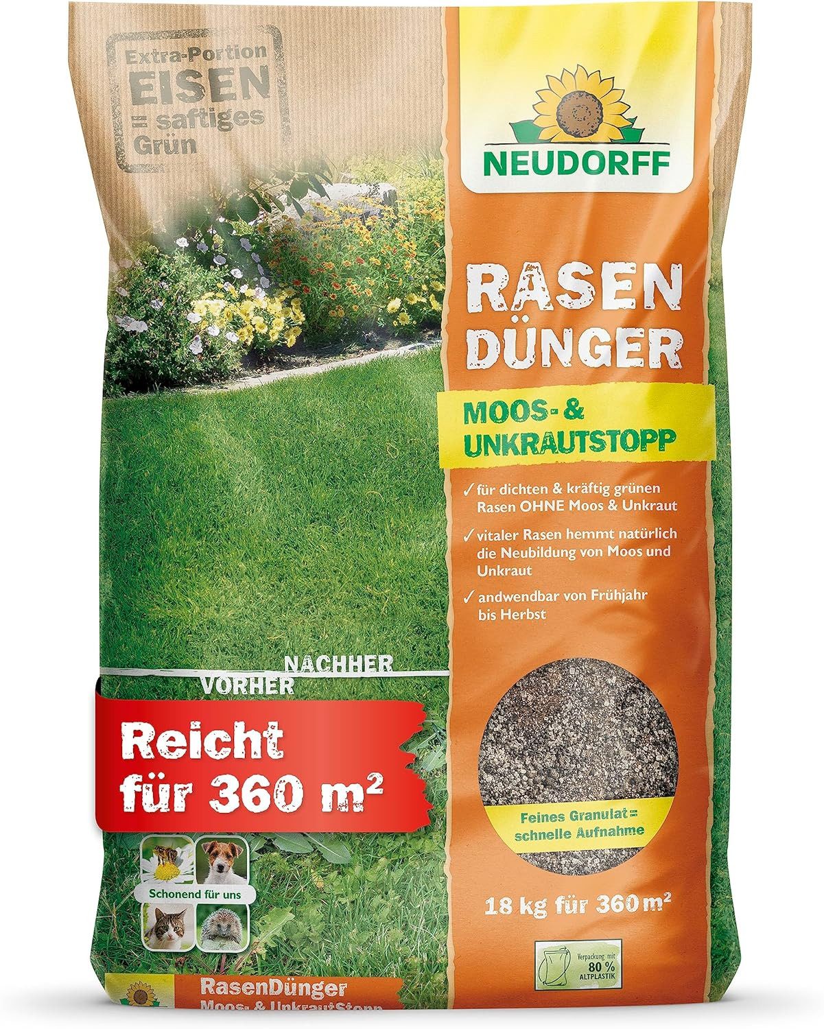 Neudorff Добриво для газону RasenDünger Moos- & UnkrautStopp 18 kg, Добриво для газону mit Moosvernichter, schonend für Hund, Katze Igel & Bienen, Eisen und Kalium sorgt für dichten, grünen Rasen ohne Moos und Unkraut, auch für Rasenflächen geeignet, die mit Mährobotern gepflegt werden