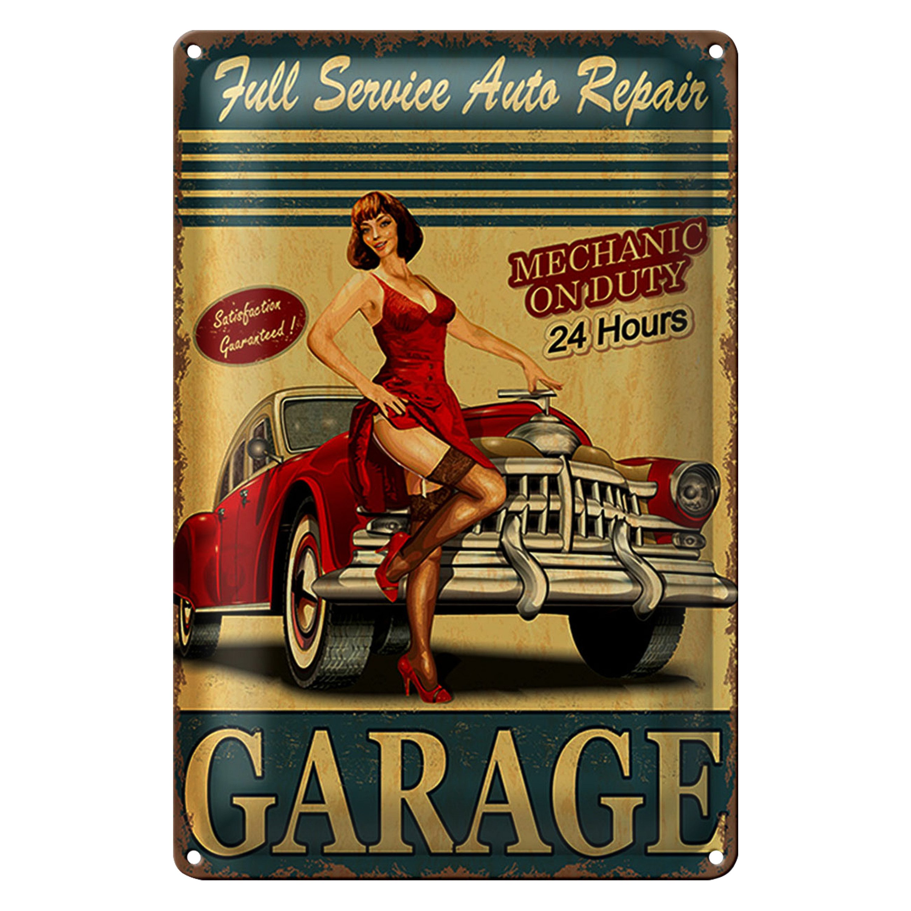 Roomando Metallschild Blechschild Pinup 20x30cm Garage Full Service Auto Repair
