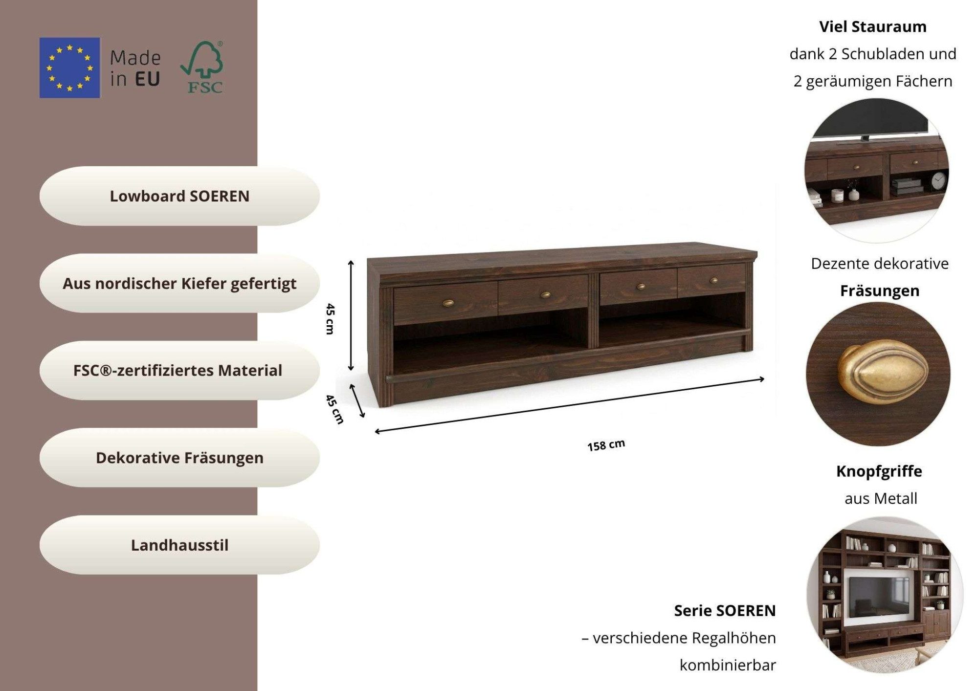 OTTO home Lowboard Soeren TV-Kommode (B/T/H: 158/45/45 cm), aus massiver Kiefer, mit 2 Schubladen, FSC®-zertifiziert – Bild 3 von 5