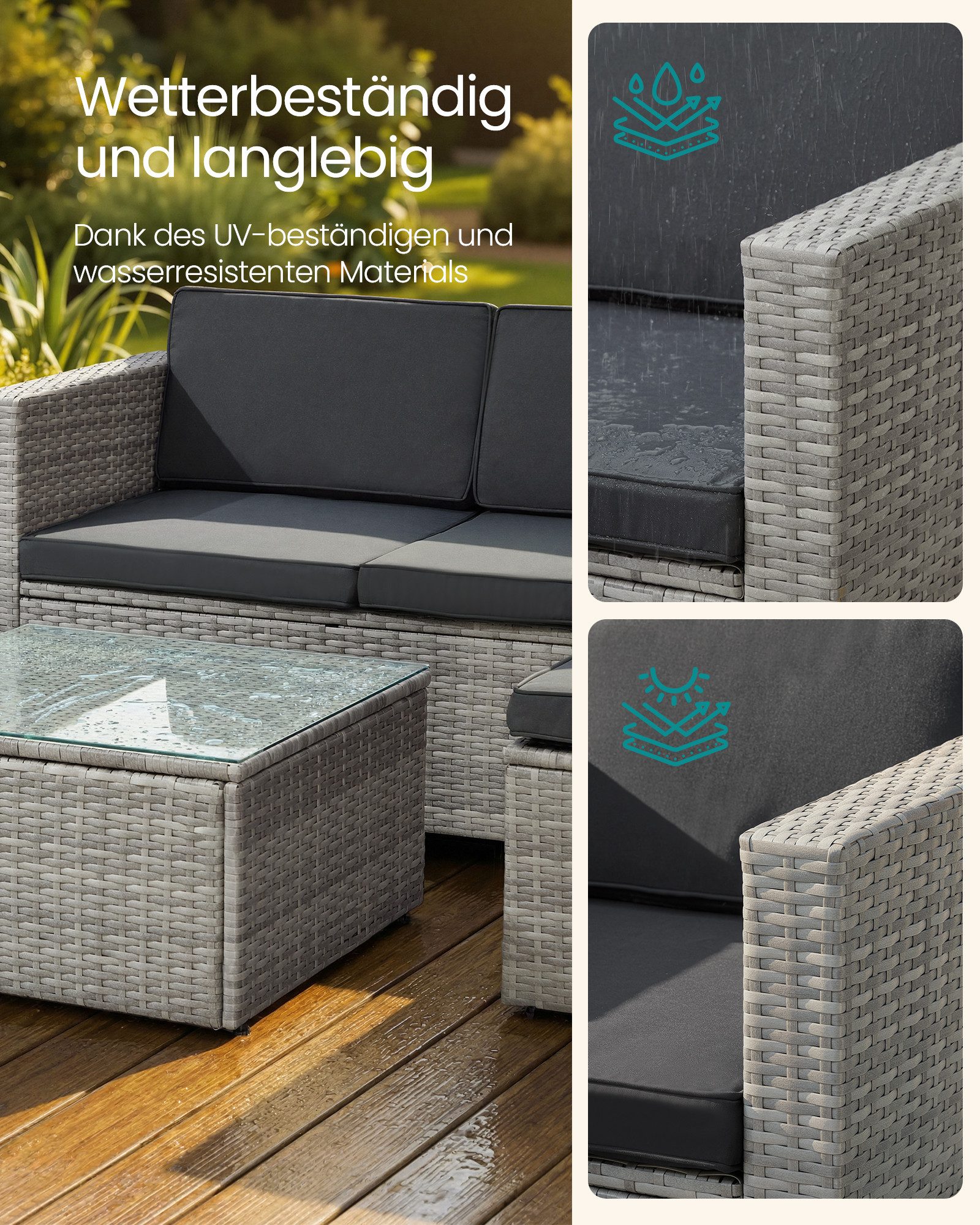 SONGMICS Gartenlounge-Set, (5-tlg., 1 Ecksofa, 1 Hocker, 1 Couchtisch, 7 Kissen), Balkonmöbel, handgeflochtenes Rattan